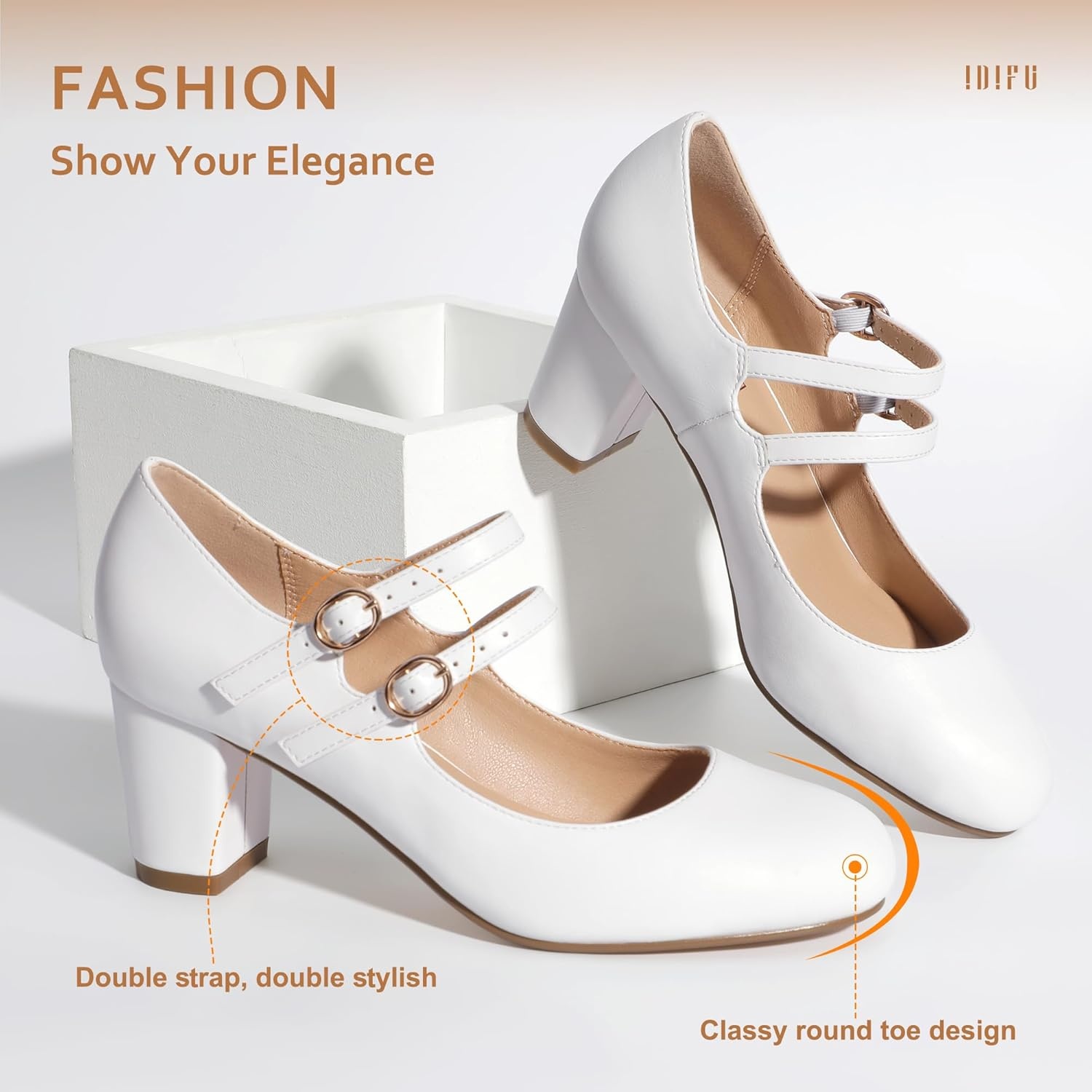 image:imageIDIFU Womens Dress Shoes for Women Pumps Mary Jane Heels Low Block Round Closed Toe Wedding Office WorkWhite Pu