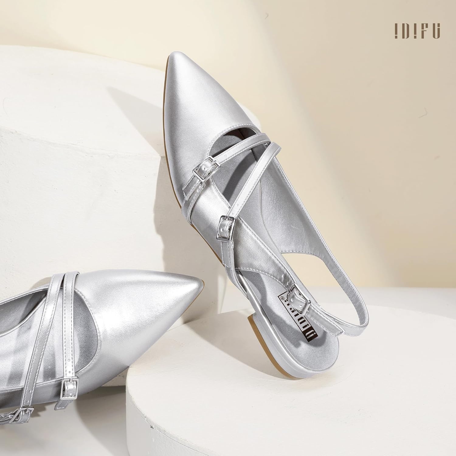 image:imageIDIFU Womens Flat Shoes Pointed Toe Strappy Slingback Ballet Flats Wedding Office Work Bridal Formal Dress Shoes for Women Dressy Comfortable Cute Trendy Ladies FlatsSilver Pu