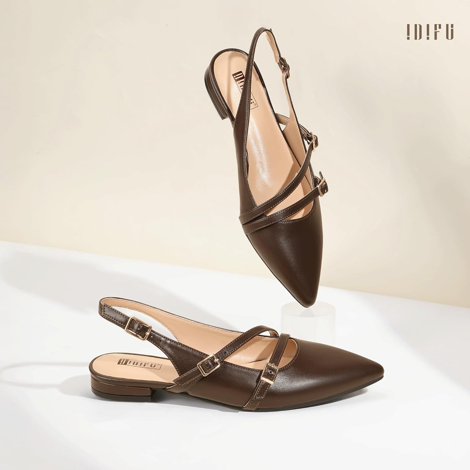 image:imageIDIFU Womens Flat Shoes Pointed Toe Strappy Slingback Ballet Flats Wedding Office Work Bridal Formal Dress Shoes for Women Dressy Comfortable Cute Trendy Ladies FlatsBrown Pu