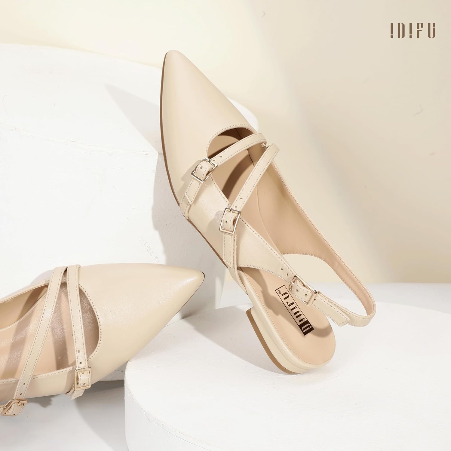 image:imageIDIFU Womens Flat Shoes Pointed Toe Strappy Slingback Ballet Flats Wedding Office Work Bridal Formal Dress Shoes for Women Dressy Comfortable Cute Trendy Ladies FlatsNude Pu