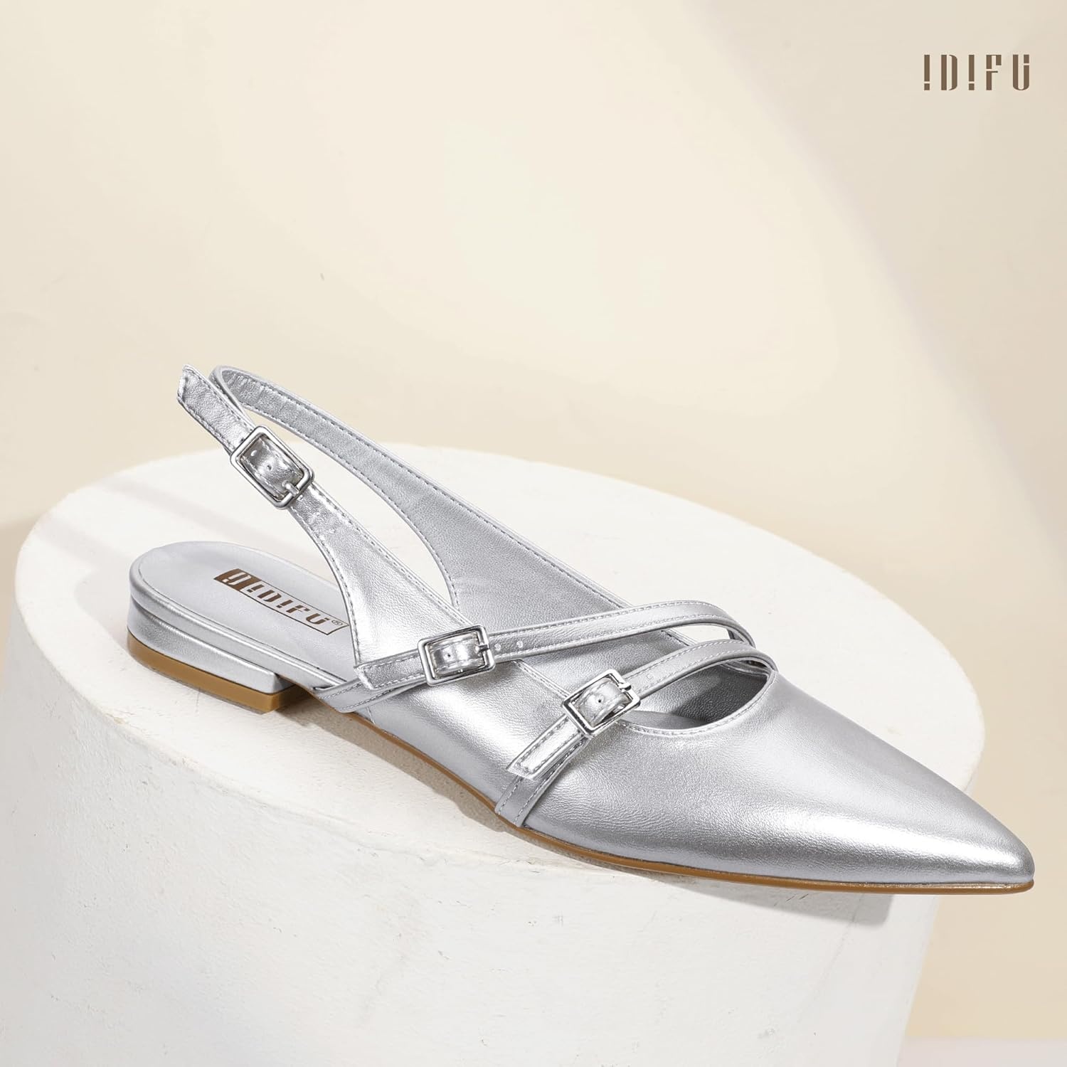 image:imageIDIFU Womens Flat Shoes Pointed Toe Strappy Slingback Ballet Flats Wedding Office Work Bridal Formal Dress Shoes for Women Dressy Comfortable Cute Trendy Ladies FlatsSilver Pu