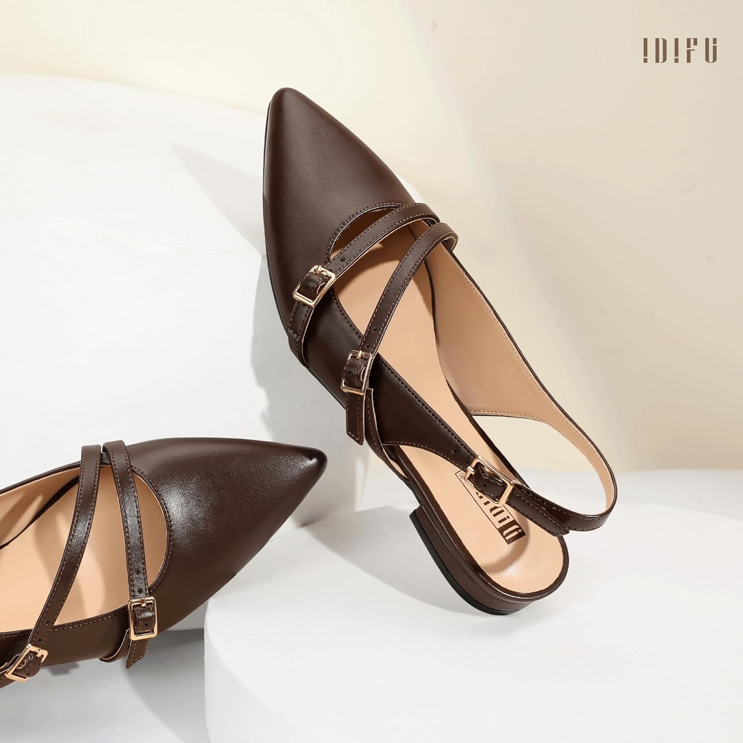image:imageIDIFU Womens Flat Shoes Pointed Toe Strappy Slingback Ballet Flats Wedding Office Work Bridal Formal Dress Shoes for Women Dressy Comfortable Cute Trendy Ladies FlatsBrown Pu