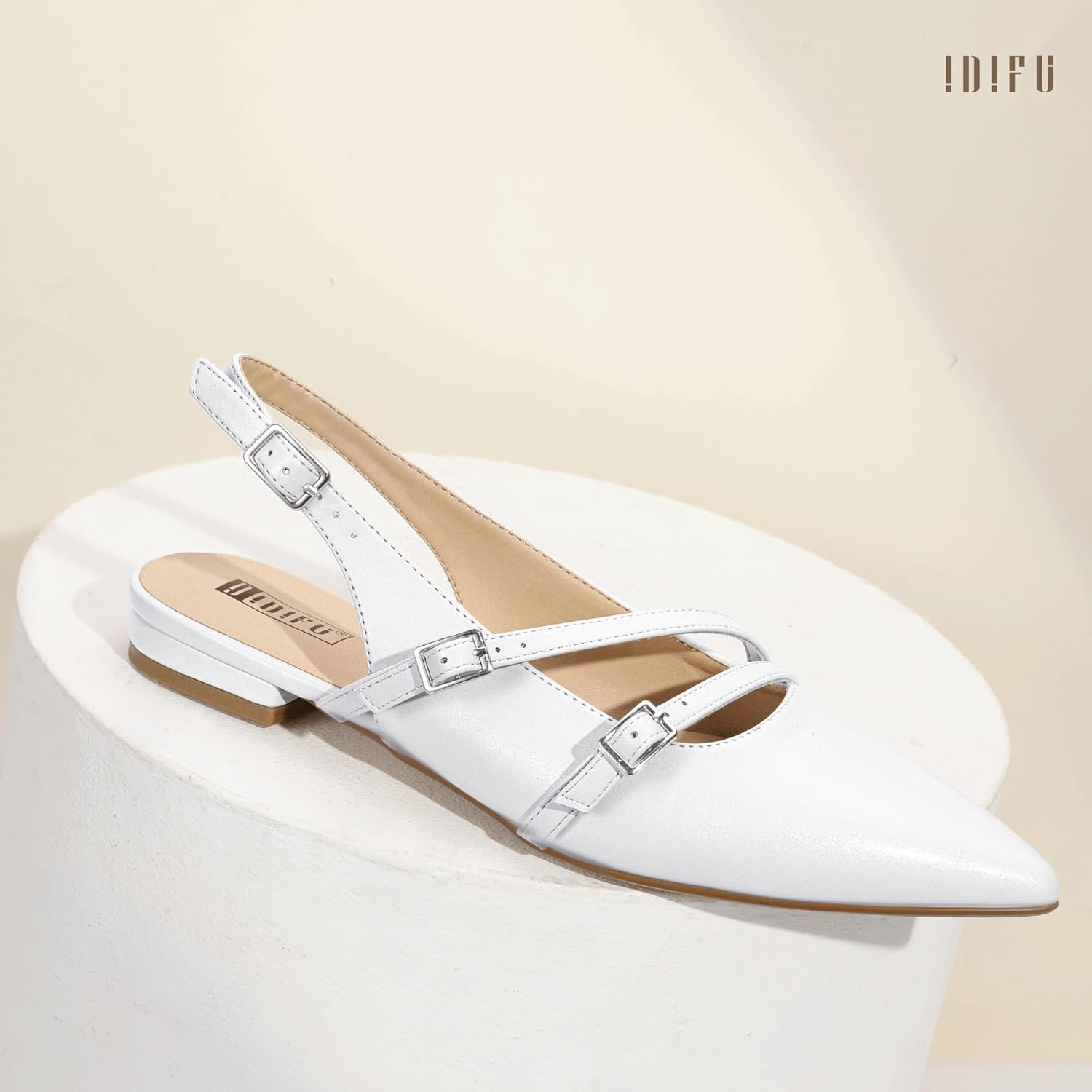 image:imageIDIFU Womens Flat Shoes Pointed Toe Strappy Slingback Ballet Flats Wedding Office Work Bridal Formal Dress Shoes for Women Dressy Comfortable Cute Trendy Ladies FlatsWhite Pu
