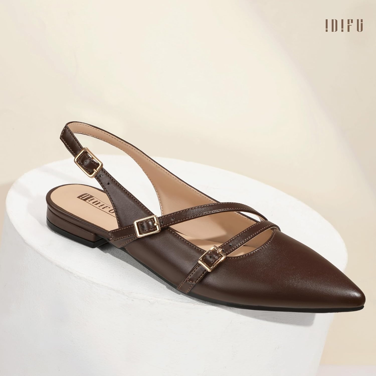 image:imageIDIFU Womens Flat Shoes Pointed Toe Strappy Slingback Ballet Flats Wedding Office Work Bridal Formal Dress Shoes for Women Dressy Comfortable Cute Trendy Ladies FlatsBrown Pu