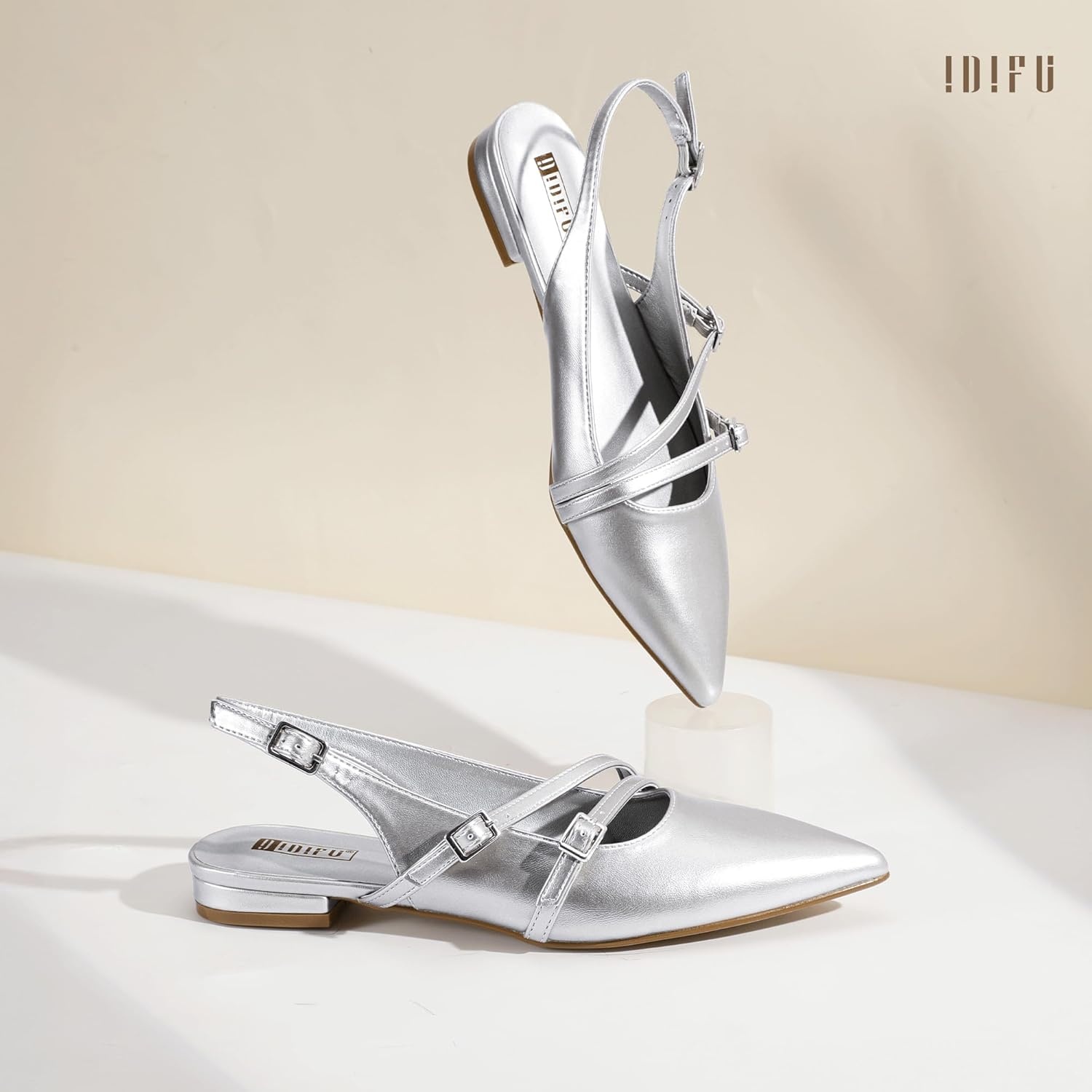 image:imageIDIFU Womens Flat Shoes Pointed Toe Strappy Slingback Ballet Flats Wedding Office Work Bridal Formal Dress Shoes for Women Dressy Comfortable Cute Trendy Ladies FlatsSilver Pu