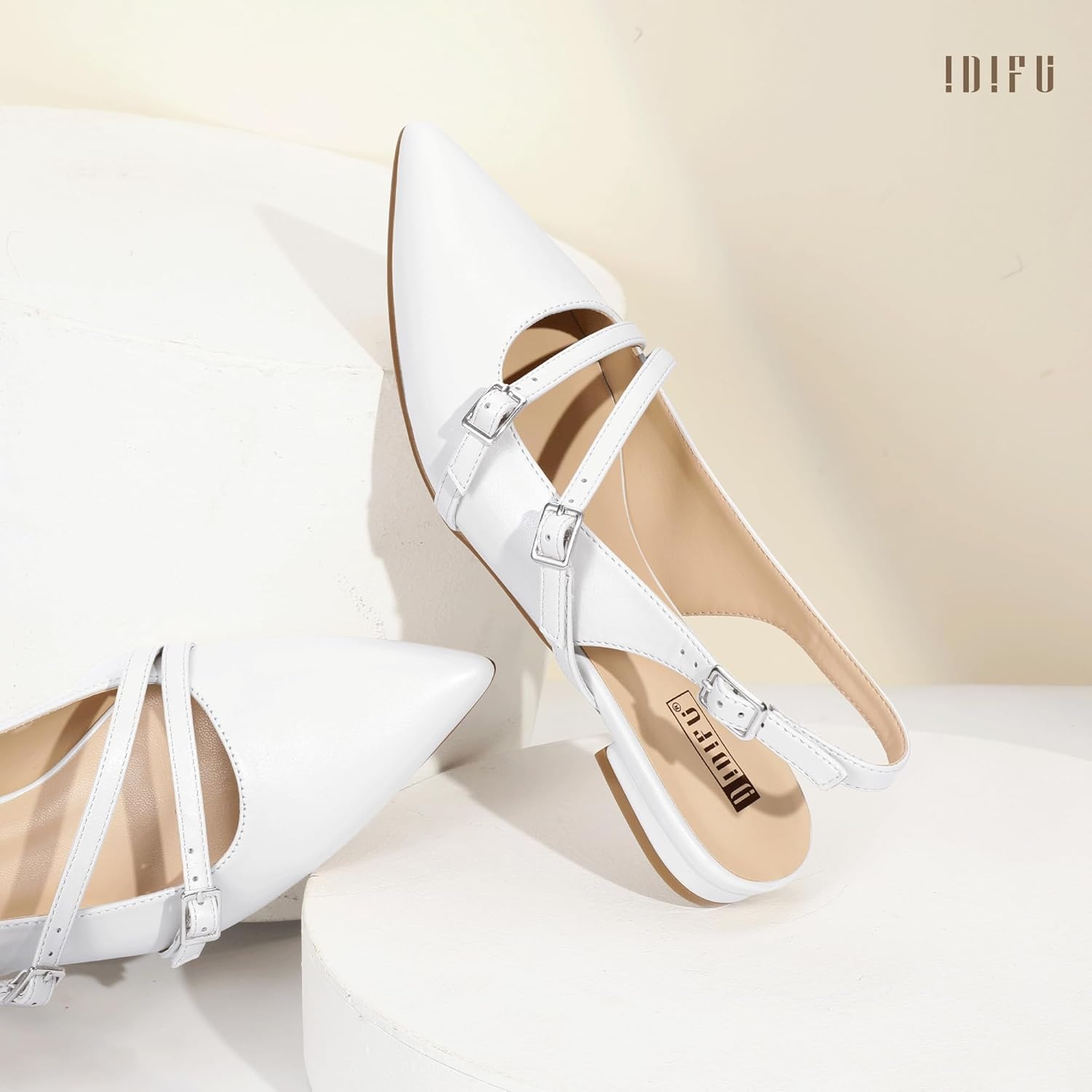 image:imageIDIFU Womens Flat Shoes Pointed Toe Strappy Slingback Ballet Flats Wedding Office Work Bridal Formal Dress Shoes for Women Dressy Comfortable Cute Trendy Ladies FlatsWhite Pu