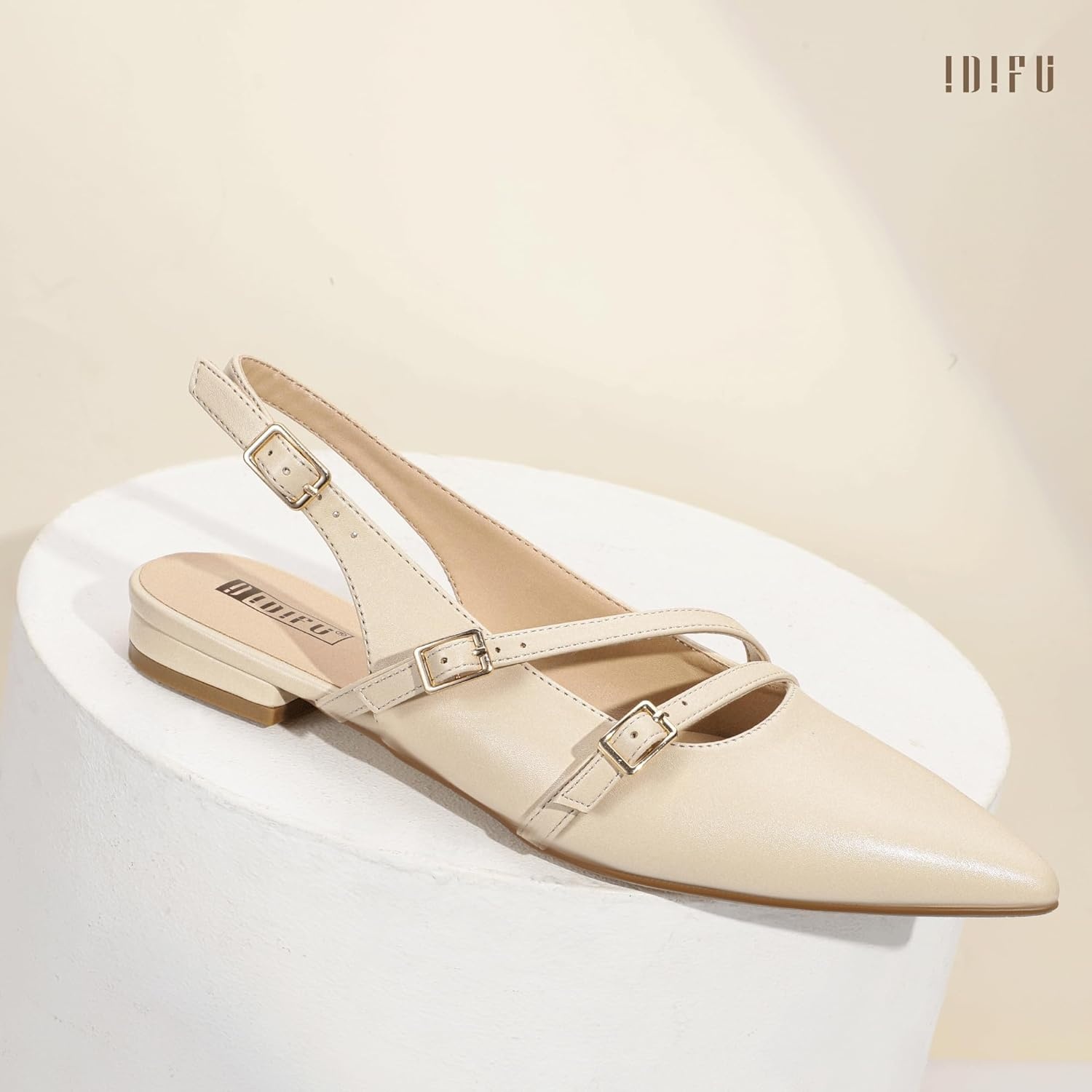 image:imageIDIFU Womens Flat Shoes Pointed Toe Strappy Slingback Ballet Flats Wedding Office Work Bridal Formal Dress Shoes for Women Dressy Comfortable Cute Trendy Ladies FlatsNude Pu