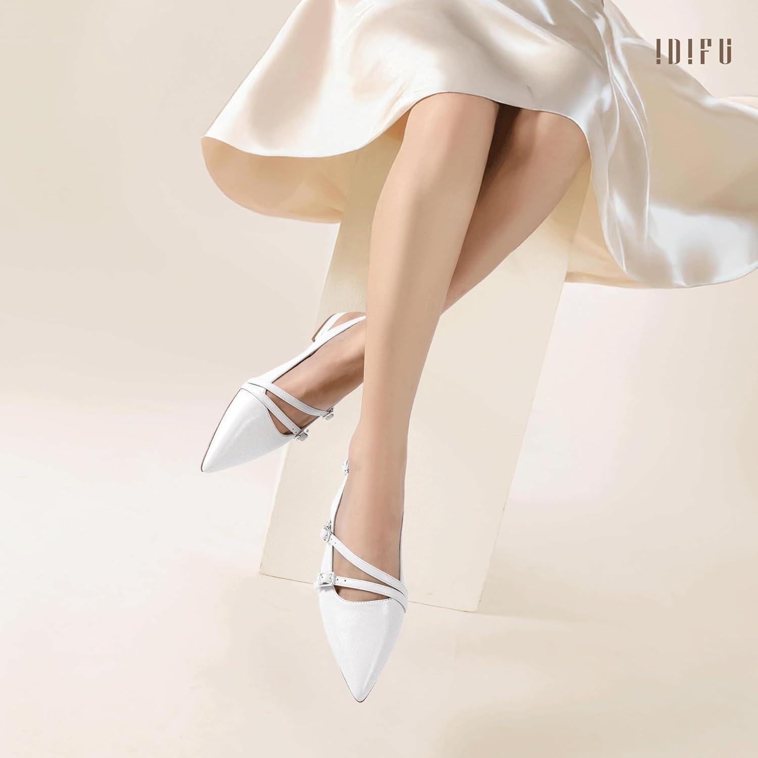 image:imageIDIFU Womens Flat Shoes Pointed Toe Strappy Slingback Ballet Flats Wedding Office Work Bridal Formal Dress Shoes for Women Dressy Comfortable Cute Trendy Ladies FlatsWhite Pu