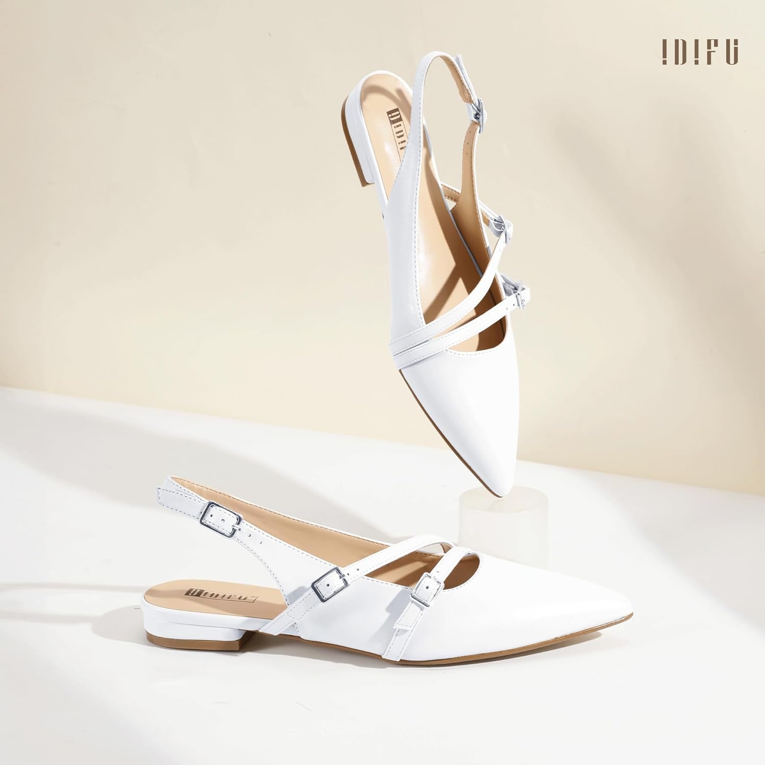 image:imageIDIFU Womens Flat Shoes Pointed Toe Strappy Slingback Ballet Flats Wedding Office Work Bridal Formal Dress Shoes for Women Dressy Comfortable Cute Trendy Ladies FlatsWhite Pu