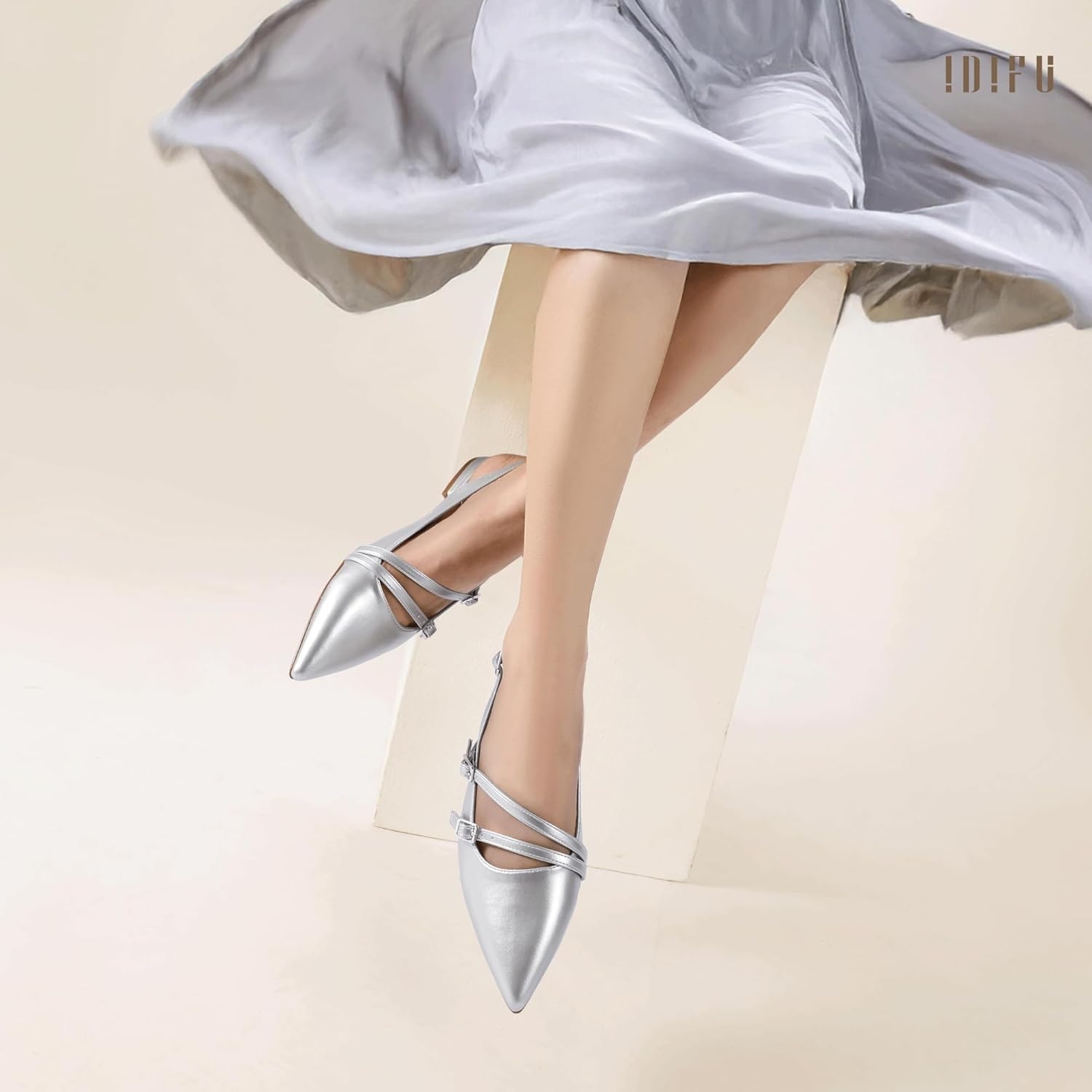 image:imageIDIFU Womens Flat Shoes Pointed Toe Strappy Slingback Ballet Flats Wedding Office Work Bridal Formal Dress Shoes for Women Dressy Comfortable Cute Trendy Ladies FlatsSilver Pu