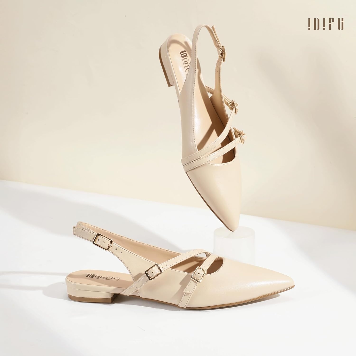image:imageIDIFU Womens Flat Shoes Pointed Toe Strappy Slingback Ballet Flats Wedding Office Work Bridal Formal Dress Shoes for Women Dressy Comfortable Cute Trendy Ladies FlatsNude Pu