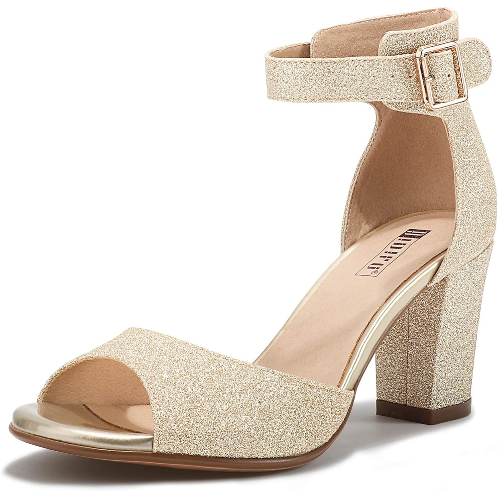 image:imageIDIFU Womens CandieMI Peep Toe Low Block Heels Sandals Ankle Strap Comfy Chunky Wedding Dress ShoesGold Glitter