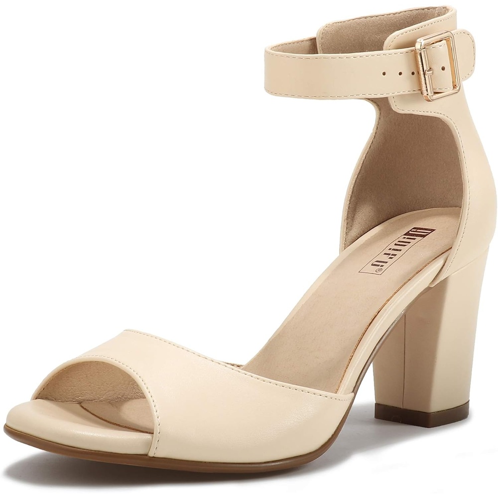 image:imageIDIFU Womens CandieMI Peep Toe Low Block Heels Sandals Ankle Strap Comfy Chunky Wedding Dress ShoesNude Pu