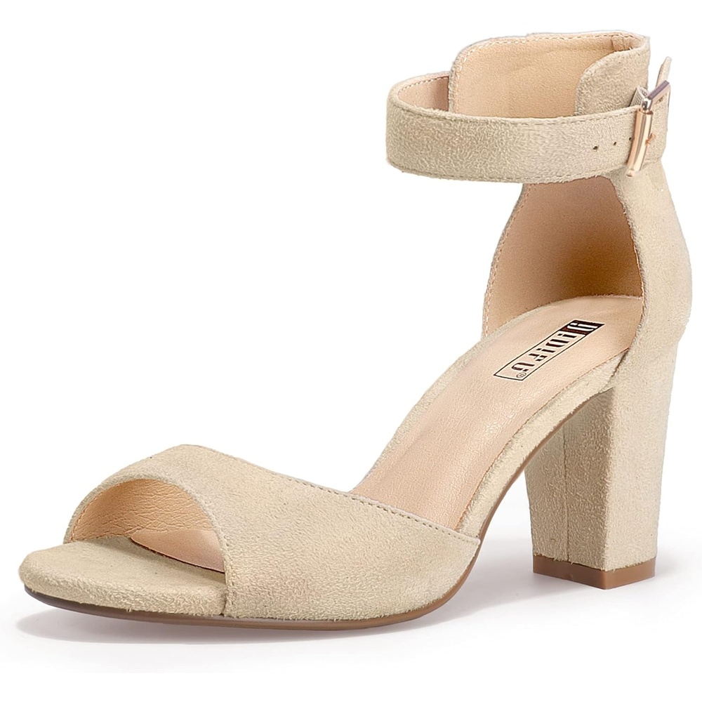image:imageIDIFU Womens CandieMI Peep Toe Low Block Heels Sandals Ankle Strap Comfy Chunky Wedding Dress ShoesNude Suede