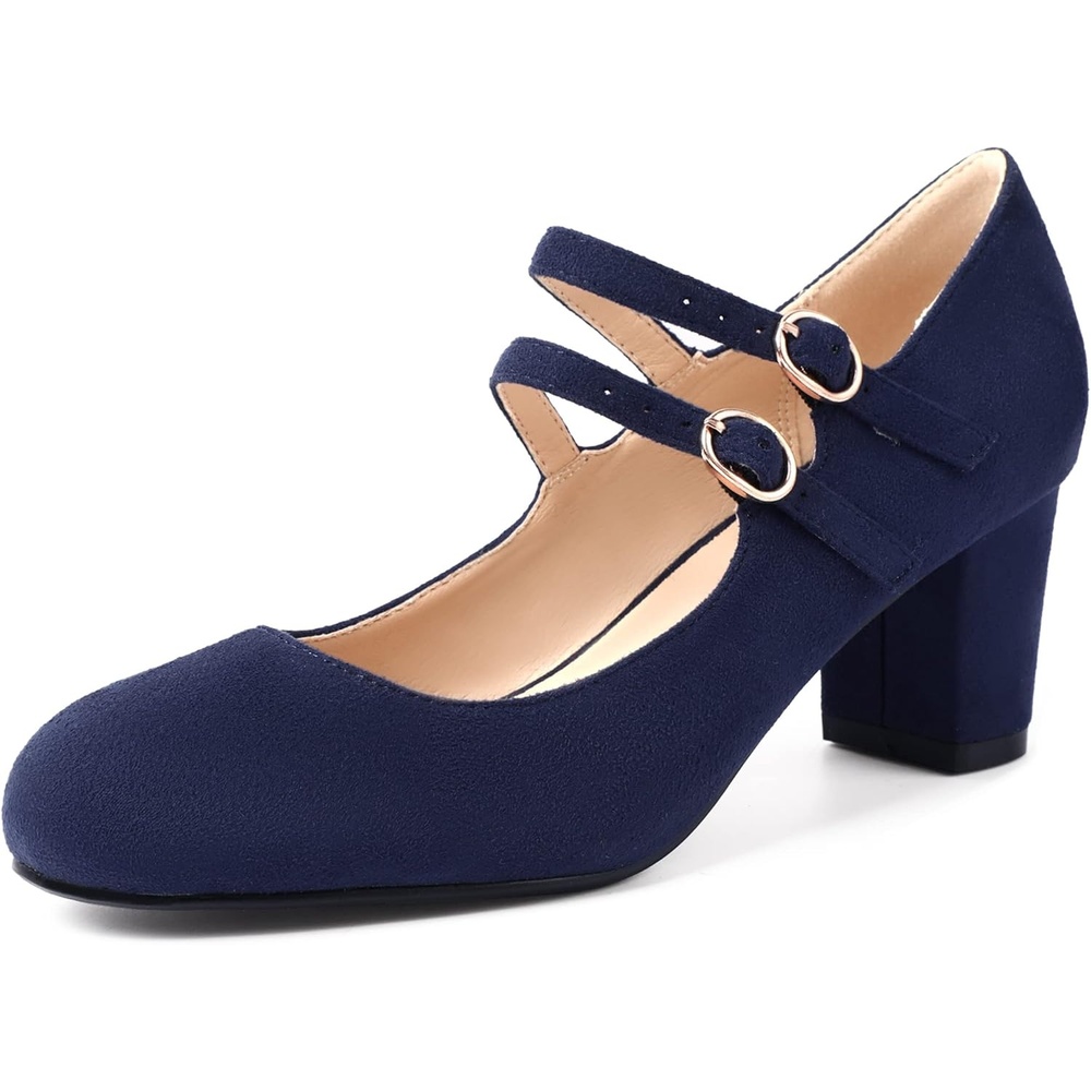 image:imageIDIFU Womens Dress Shoes for Women Pumps Mary Jane Heels Low Block Round Closed Toe Wedding Office WorkBlue Suede