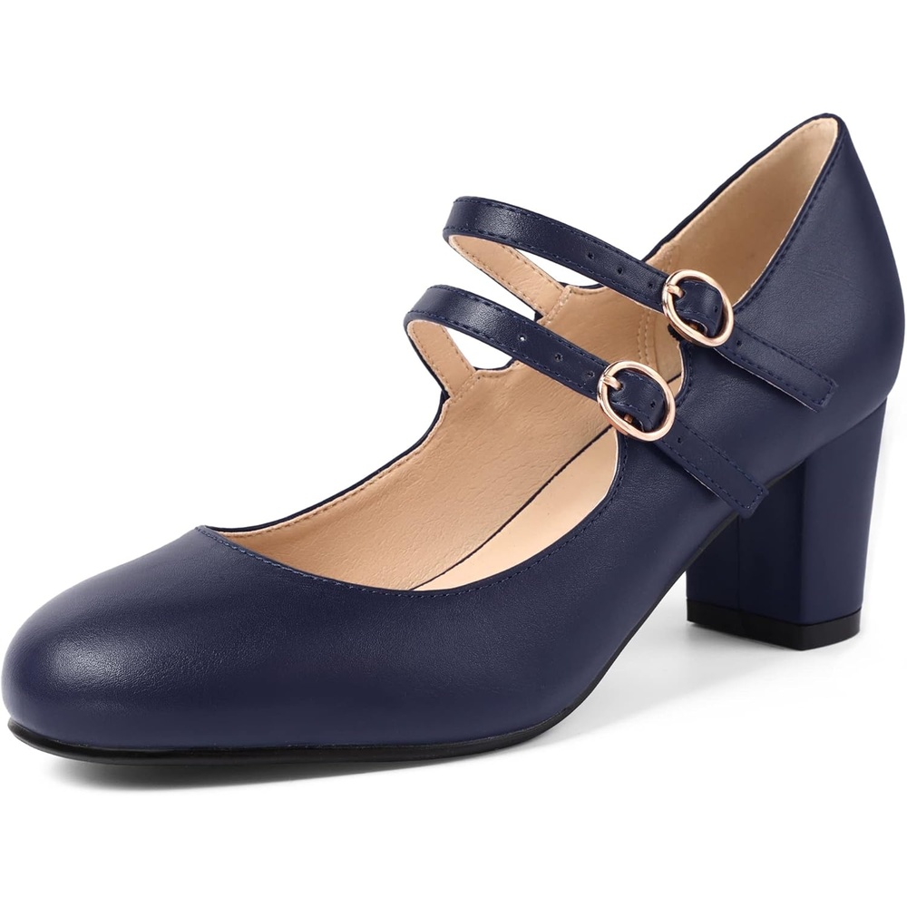 image:imageIDIFU Womens Dress Shoes for Women Pumps Mary Jane Heels Low Block Round Closed Toe Wedding Office WorkNavy Pu