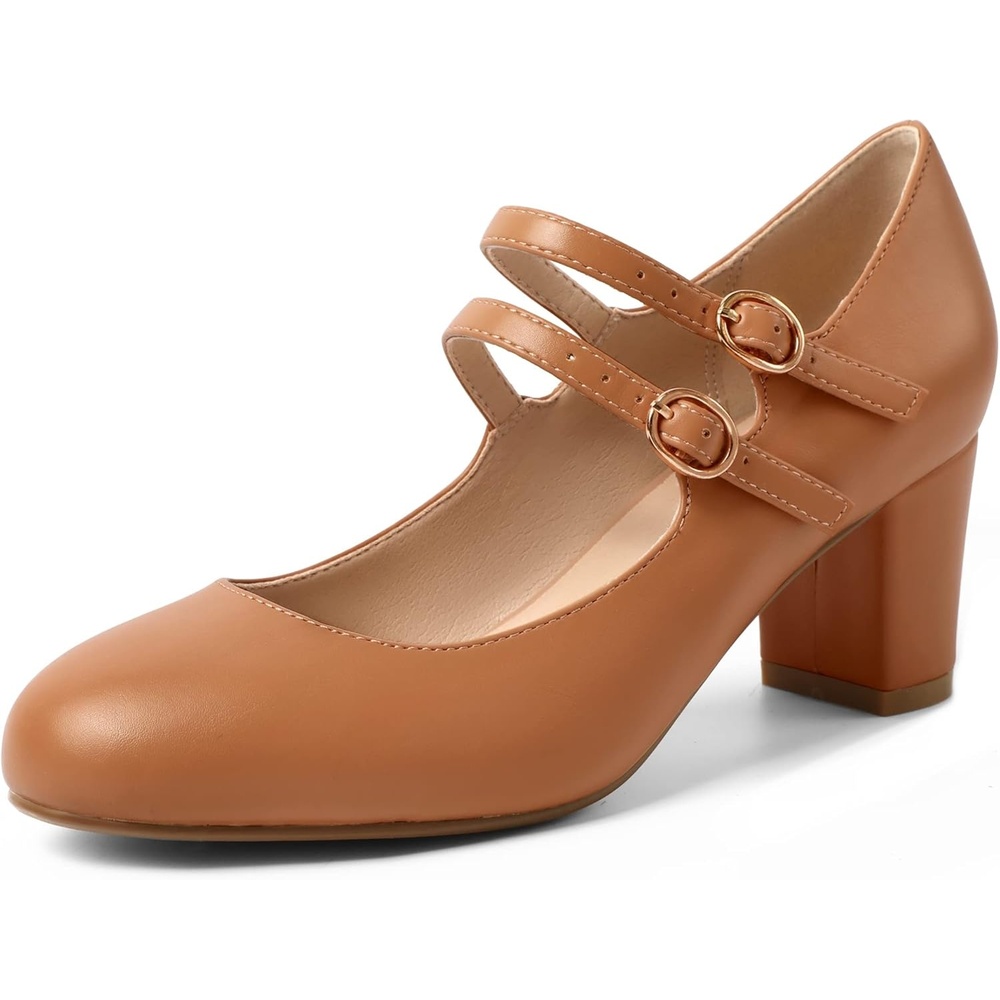 image:imageIDIFU Womens Dress Shoes for Women Pumps Mary Jane Heels Low Block Round Closed Toe Wedding Office WorkNude Pu