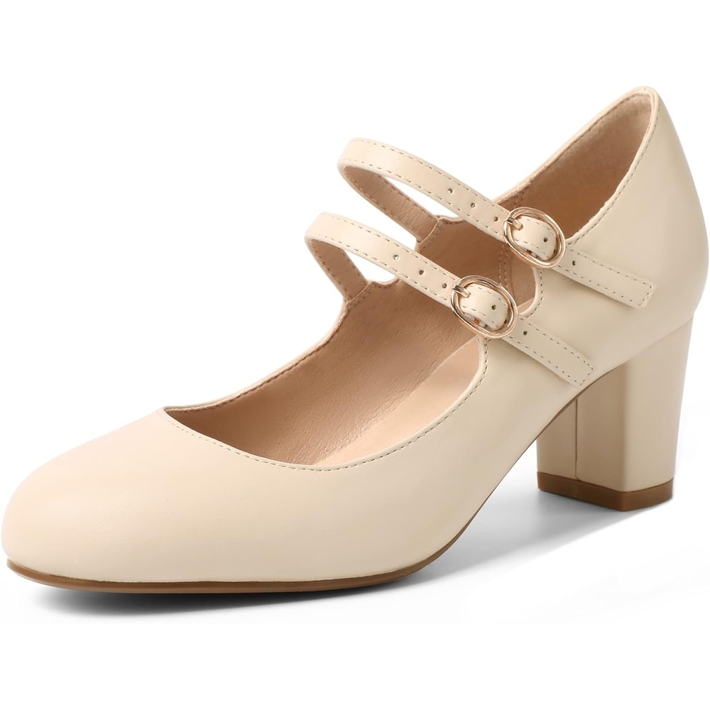 image:imageIDIFU Womens Dress Shoes for Women Pumps Mary Jane Heels Low Block Round Closed Toe Wedding Office WorkNude Pu Classic