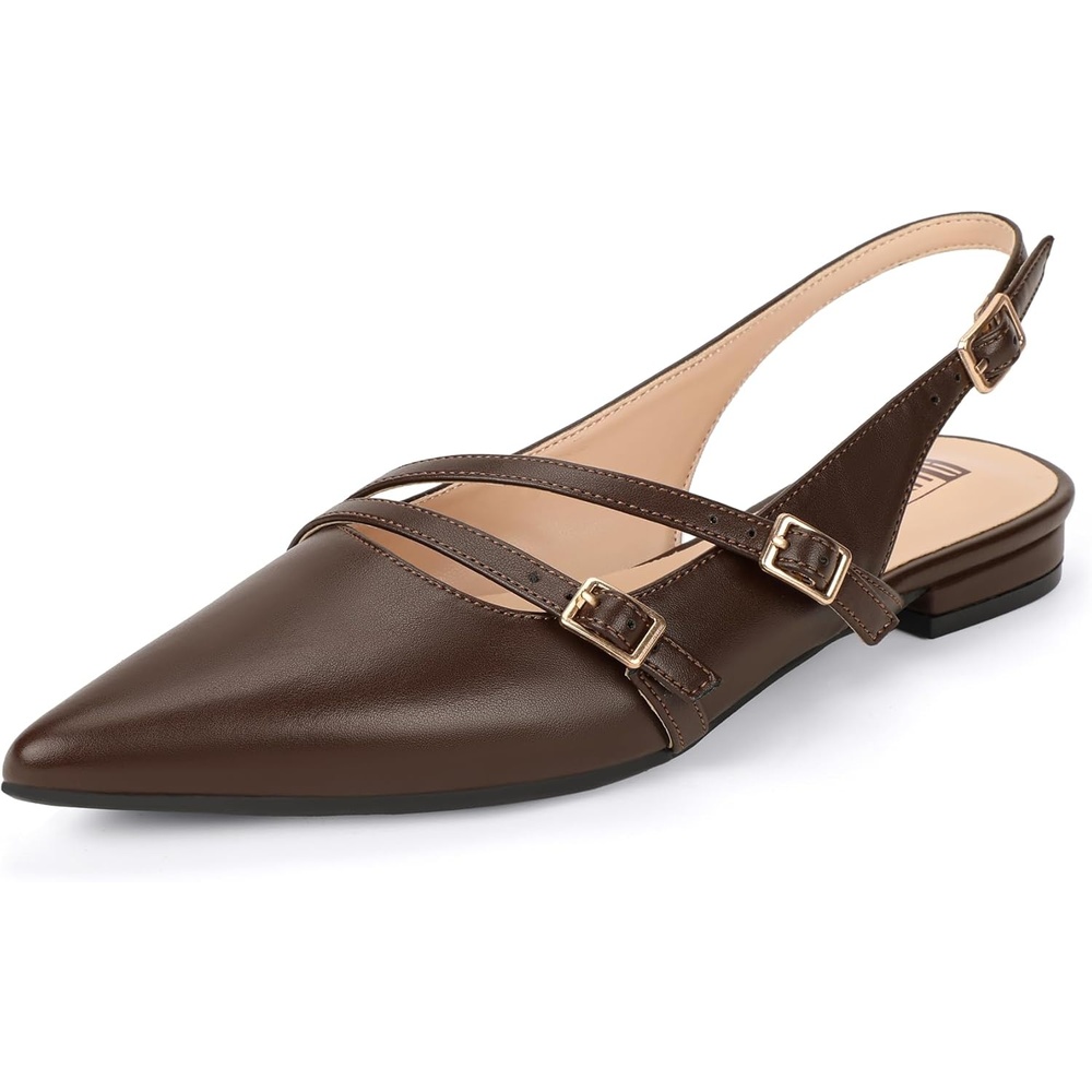 image:imageIDIFU Womens Flat Shoes Pointed Toe Strappy Slingback Ballet Flats Wedding Office Work Bridal Formal Dress Shoes for Women Dressy Comfortable Cute Trendy Ladies FlatsBrown Pu