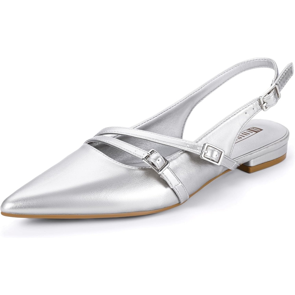 image:imageIDIFU Womens Flat Shoes Pointed Toe Strappy Slingback Ballet Flats Wedding Office Work Bridal Formal Dress Shoes for Women Dressy Comfortable Cute Trendy Ladies FlatsSilver Pu