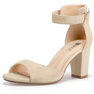 image:imageIDIFU Womens CandieMI Peep Toe Low Block Heels Sandals Ankle Strap Comfy Chunky Wedding Dress ShoesNude Suede