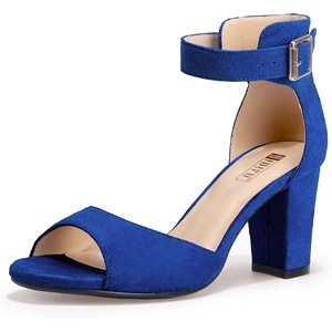 image:imageIDIFU Womens CandieMI Peep Toe Low Block Heels Sandals Ankle Strap Comfy Chunky Wedding Dress ShoesRoyal Blue Suede