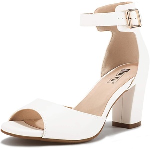 image:imageIDIFU Womens CandieMI Peep Toe Low Block Heels Sandals Ankle Strap Comfy Chunky Wedding Dress ShoesWhite Pu
