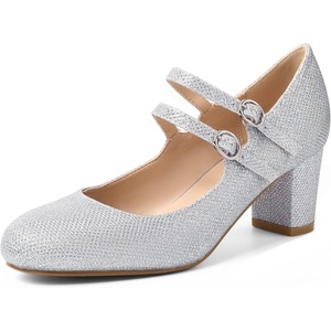 image:imageIDIFU Womens Dress Shoes for Women Pumps Mary Jane Heels Low Block Round Closed Toe Wedding Office WorkSilver Glitter