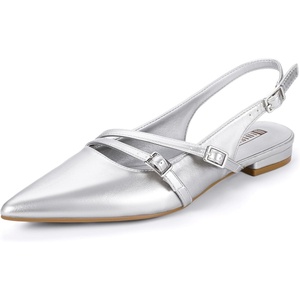 image:imageIDIFU Womens Flat Shoes Pointed Toe Strappy Slingback Ballet Flats Wedding Office Work Bridal Formal Dress Shoes for Women Dressy Comfortable Cute Trendy Ladies FlatsSilver Pu