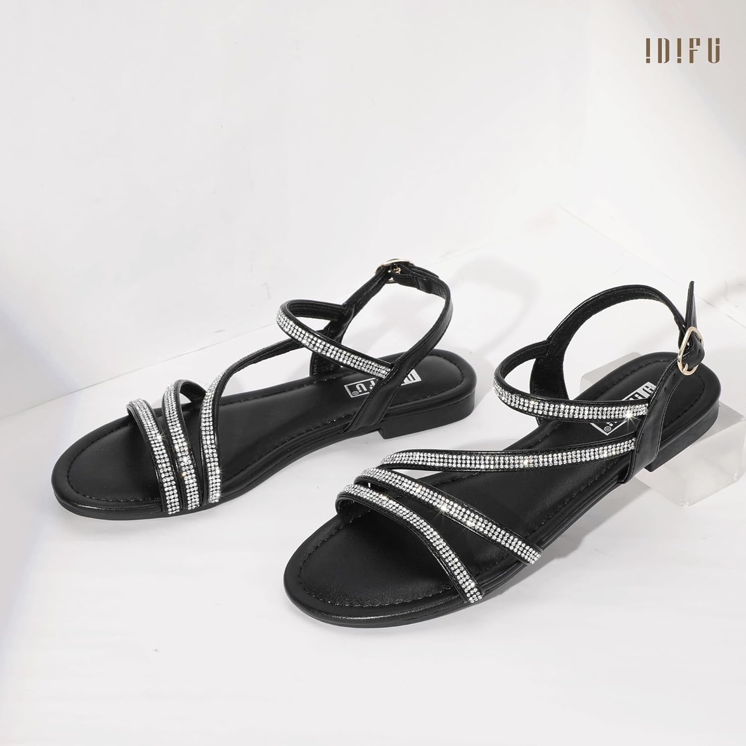 image:imageIDIFU Rhinestone Strappy Sandals for Women Dressy Summer Glitter Flat Sandals with Back Strap Open Toe Slingback Ankle Strap Sandals Wedding Bridal Prom Sparkly Bling Comfortable Cute Dress SandalsBlack Rhinestone
