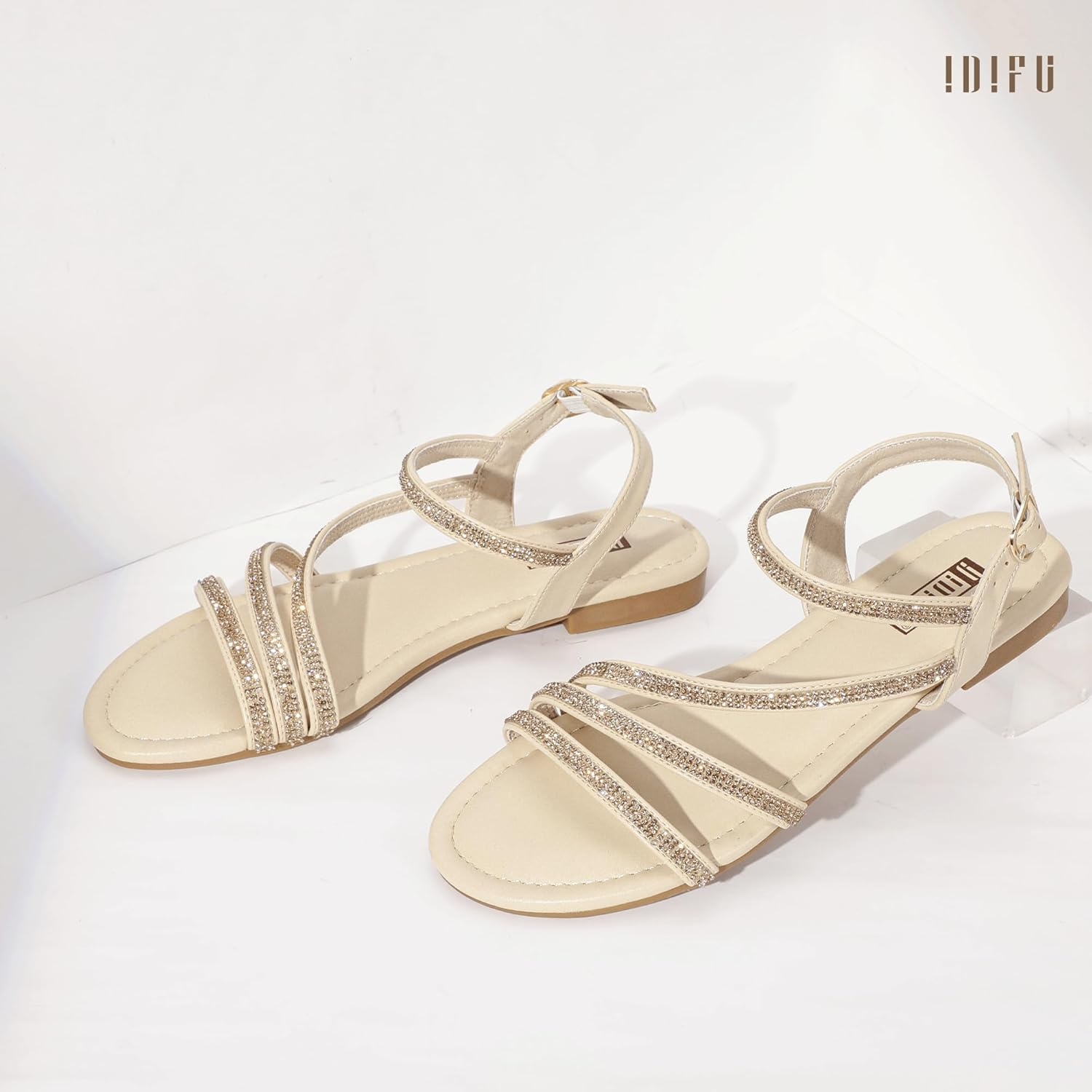 image:imageIDIFU Rhinestone Strappy Sandals for Women Dressy Summer Glitter Flat Sandals with Back Strap Open Toe Slingback Ankle Strap Sandals Wedding Bridal Prom Sparkly Bling Comfortable Cute Dress SandalsNude Rhinestone