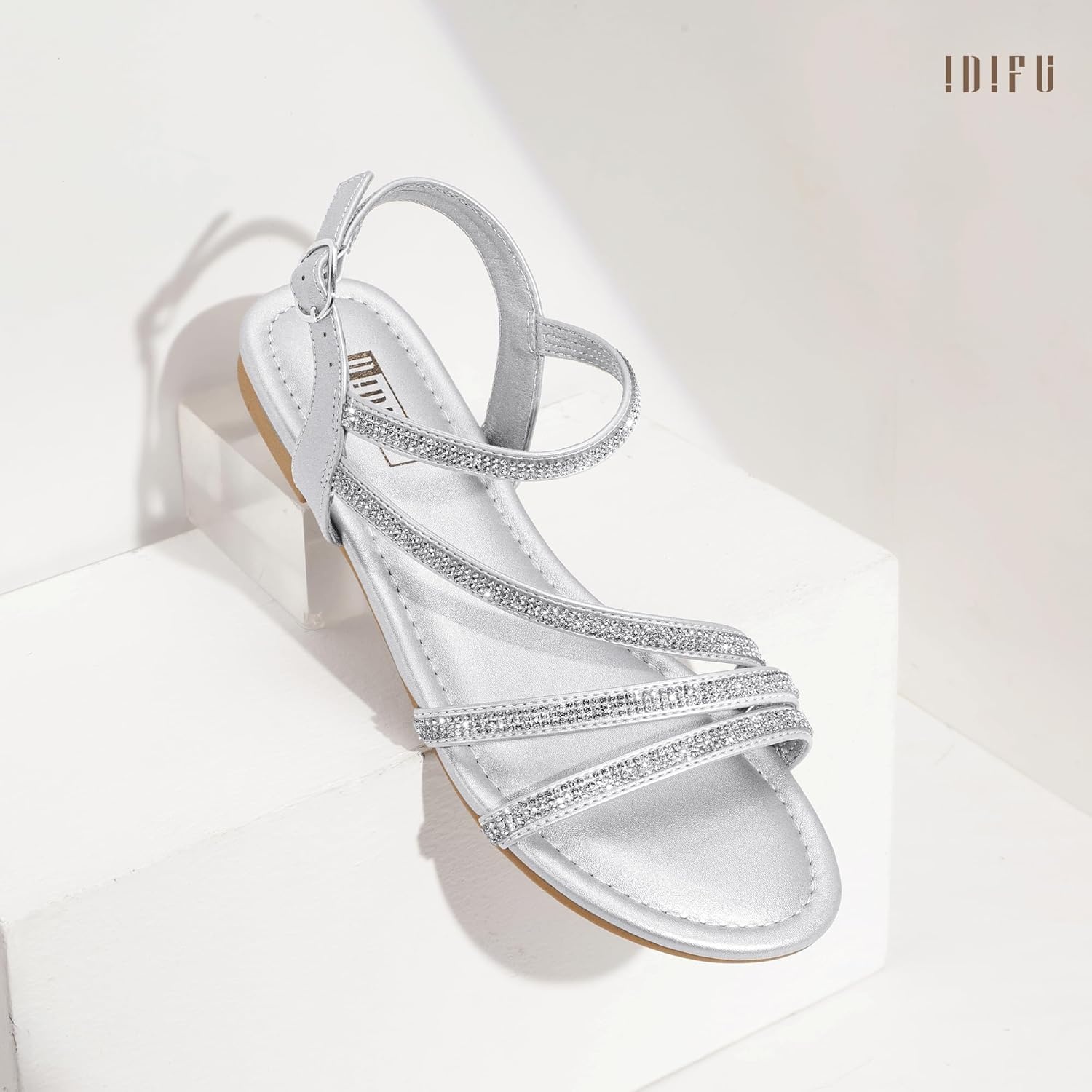 image:imageIDIFU Rhinestone Strappy Sandals for Women Dressy Summer Glitter Flat Sandals with Back Strap Open Toe Slingback Ankle Strap Sandals Wedding Bridal Prom Sparkly Bling Comfortable Cute Dress SandalsSilver Rhinestone