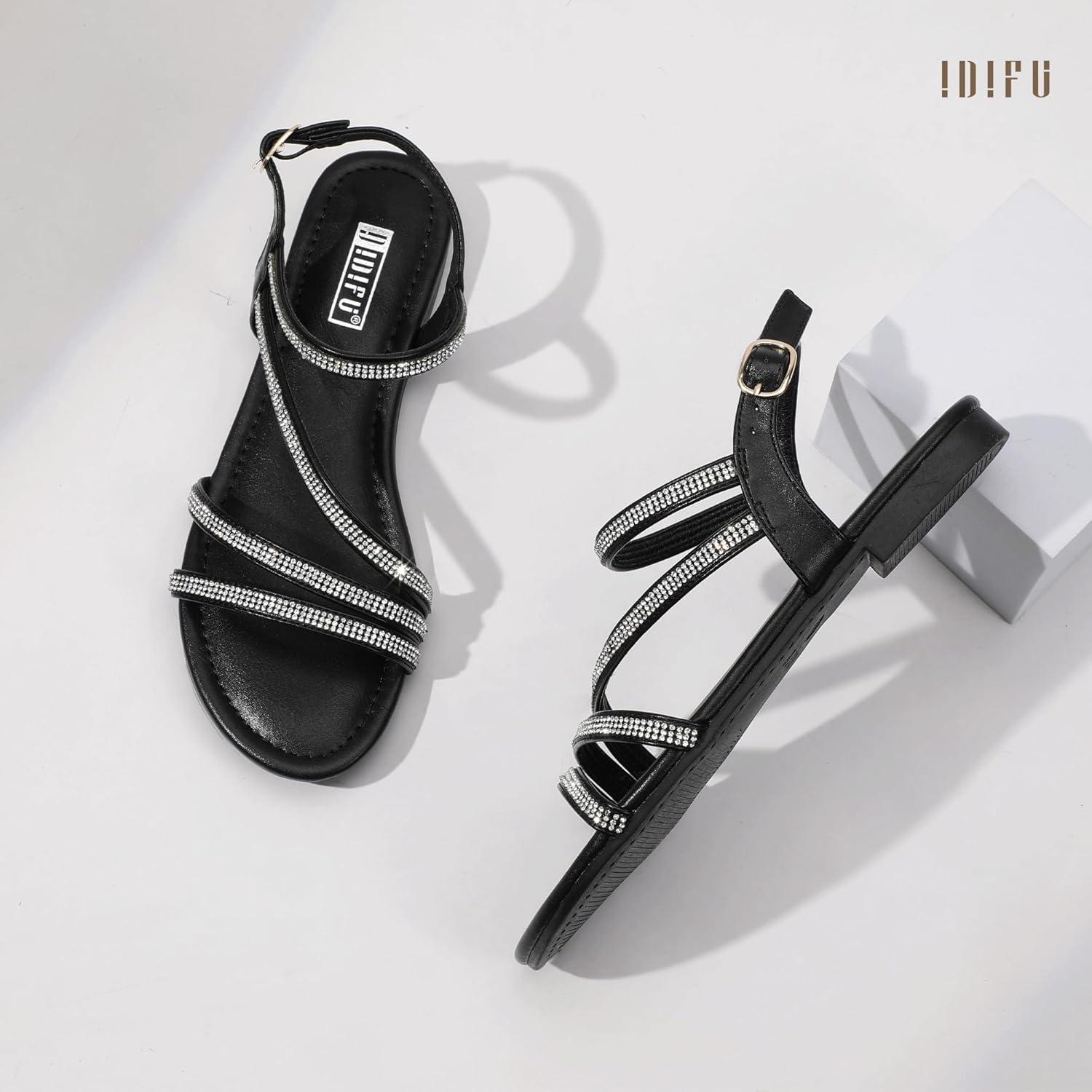 image:imageIDIFU Rhinestone Strappy Sandals for Women Dressy Summer Glitter Flat Sandals with Back Strap Open Toe Slingback Ankle Strap Sandals Wedding Bridal Prom Sparkly Bling Comfortable Cute Dress SandalsBlack Rhinestone