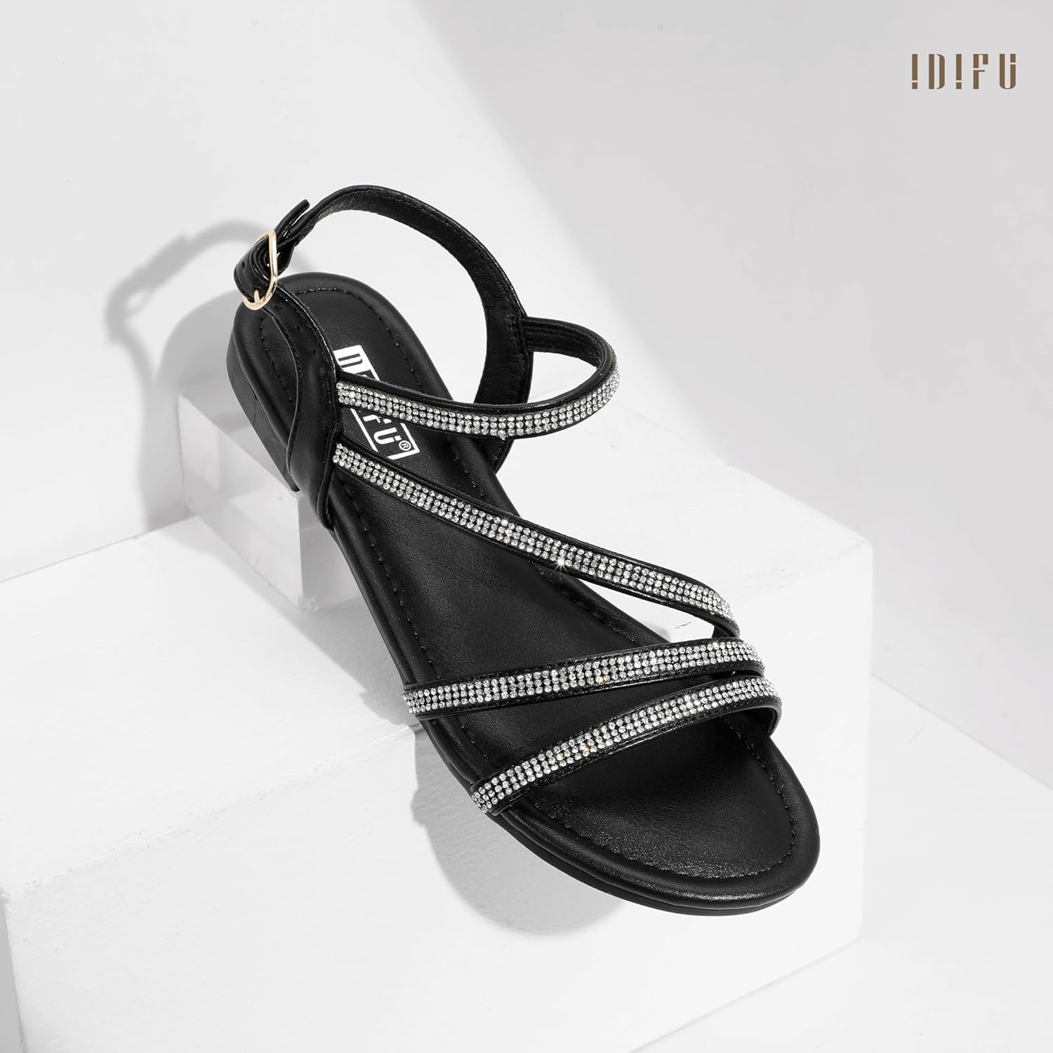 image:imageIDIFU Rhinestone Strappy Sandals for Women Dressy Summer Glitter Flat Sandals with Back Strap Open Toe Slingback Ankle Strap Sandals Wedding Bridal Prom Sparkly Bling Comfortable Cute Dress SandalsBlack Rhinestone