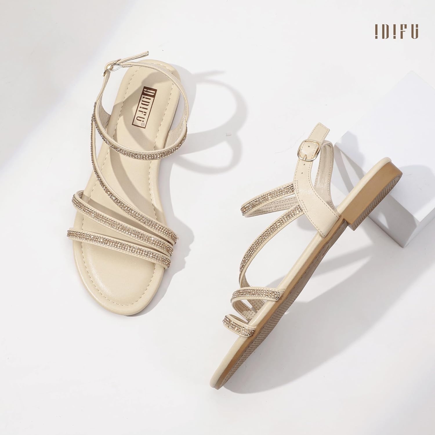 image:imageIDIFU Rhinestone Strappy Sandals for Women Dressy Summer Glitter Flat Sandals with Back Strap Open Toe Slingback Ankle Strap Sandals Wedding Bridal Prom Sparkly Bling Comfortable Cute Dress SandalsNude Rhinestone