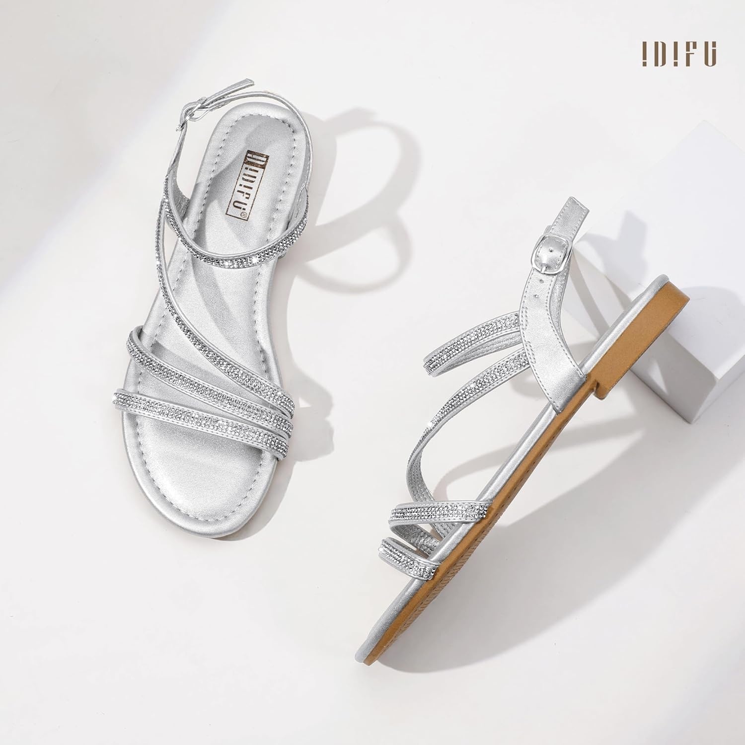 image:imageIDIFU Rhinestone Strappy Sandals for Women Dressy Summer Glitter Flat Sandals with Back Strap Open Toe Slingback Ankle Strap Sandals Wedding Bridal Prom Sparkly Bling Comfortable Cute Dress SandalsSilver Rhinestone