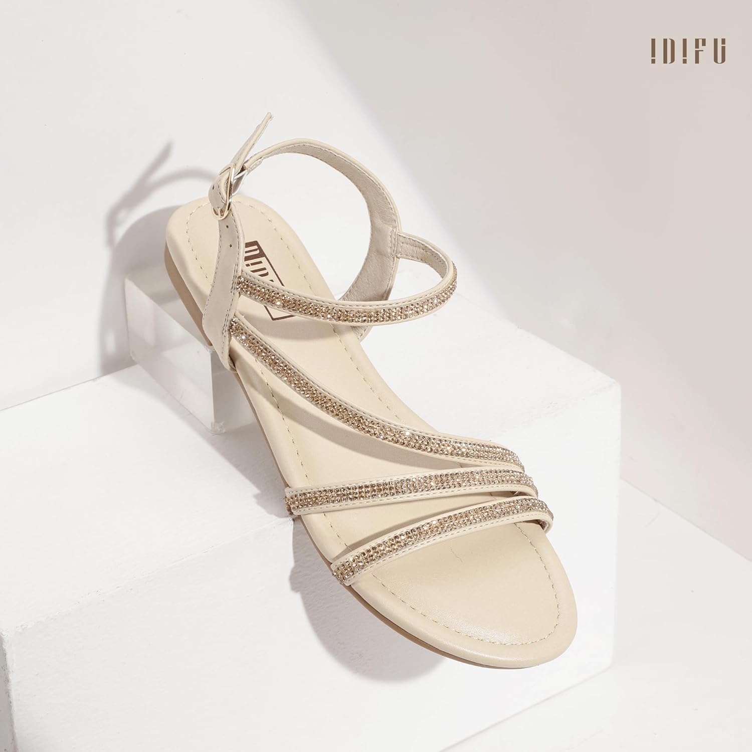 image:imageIDIFU Rhinestone Strappy Sandals for Women Dressy Summer Glitter Flat Sandals with Back Strap Open Toe Slingback Ankle Strap Sandals Wedding Bridal Prom Sparkly Bling Comfortable Cute Dress SandalsNude Rhinestone