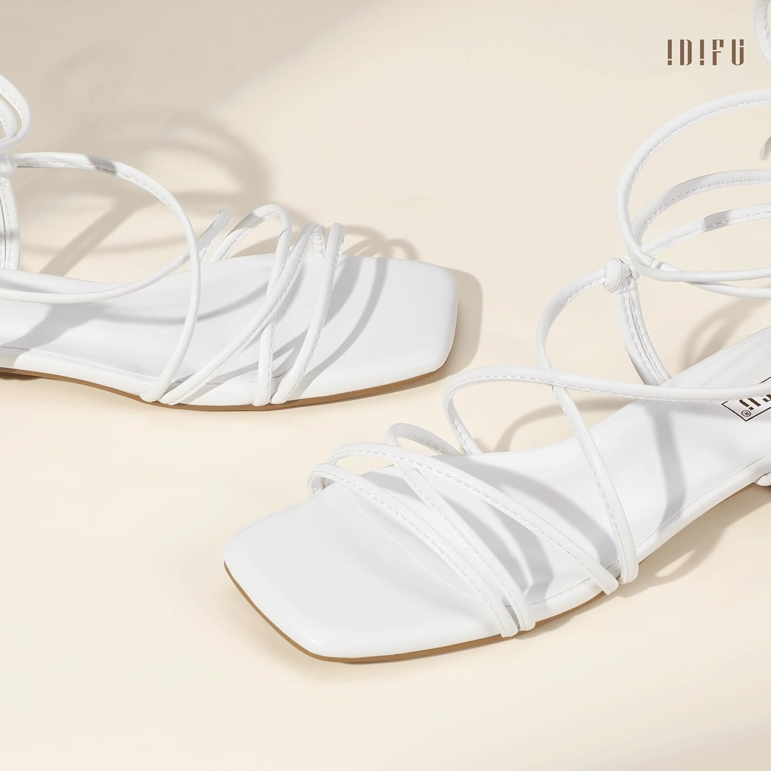 image:imageIDIFU Strappy Lace Up Flat Sandals for Women Tie Up Square Open Toe Ankle Wrap Straps Dressy Gladiator Summer Beach Wedding Party Ladies Comfortable Cute Casual Dress SandalsWhite Pu