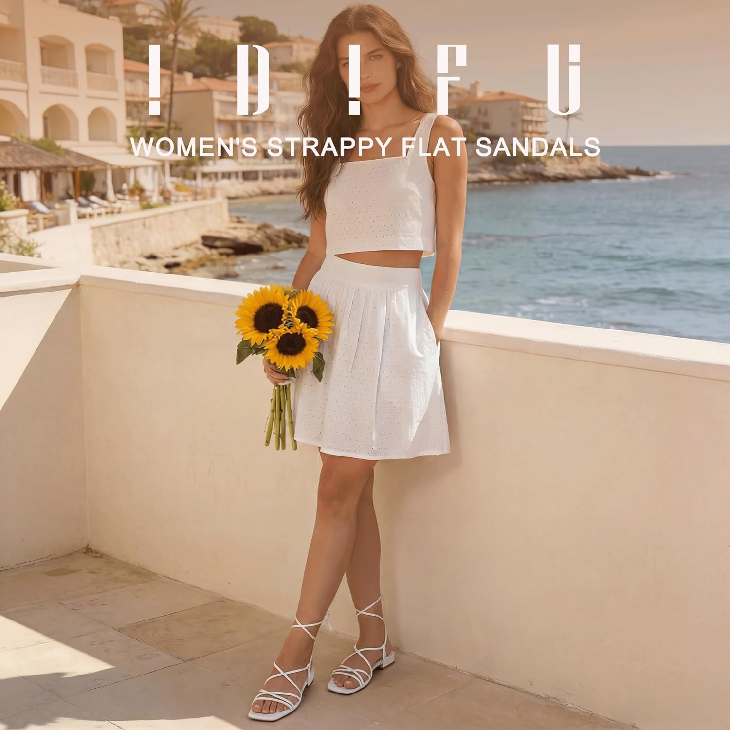 image:imageIDIFU Strappy Lace Up Flat Sandals for Women Tie Up Square Open Toe Ankle Wrap Straps Dressy Gladiator Summer Beach Wedding Party Ladies Comfortable Cute Casual Dress SandalsWhite Pu
