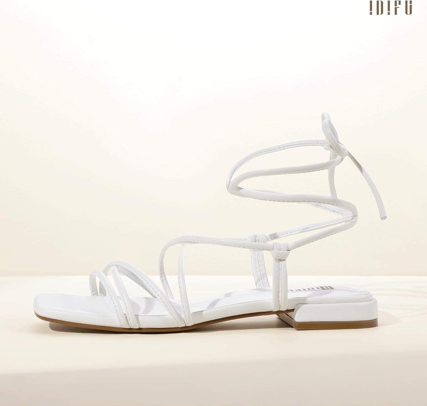 image:imageIDIFU Strappy Lace Up Flat Sandals for Women Tie Up Square Open Toe Ankle Wrap Straps Dressy Gladiator Summer Beach Wedding Party Ladies Comfortable Cute Casual Dress SandalsWhite Pu