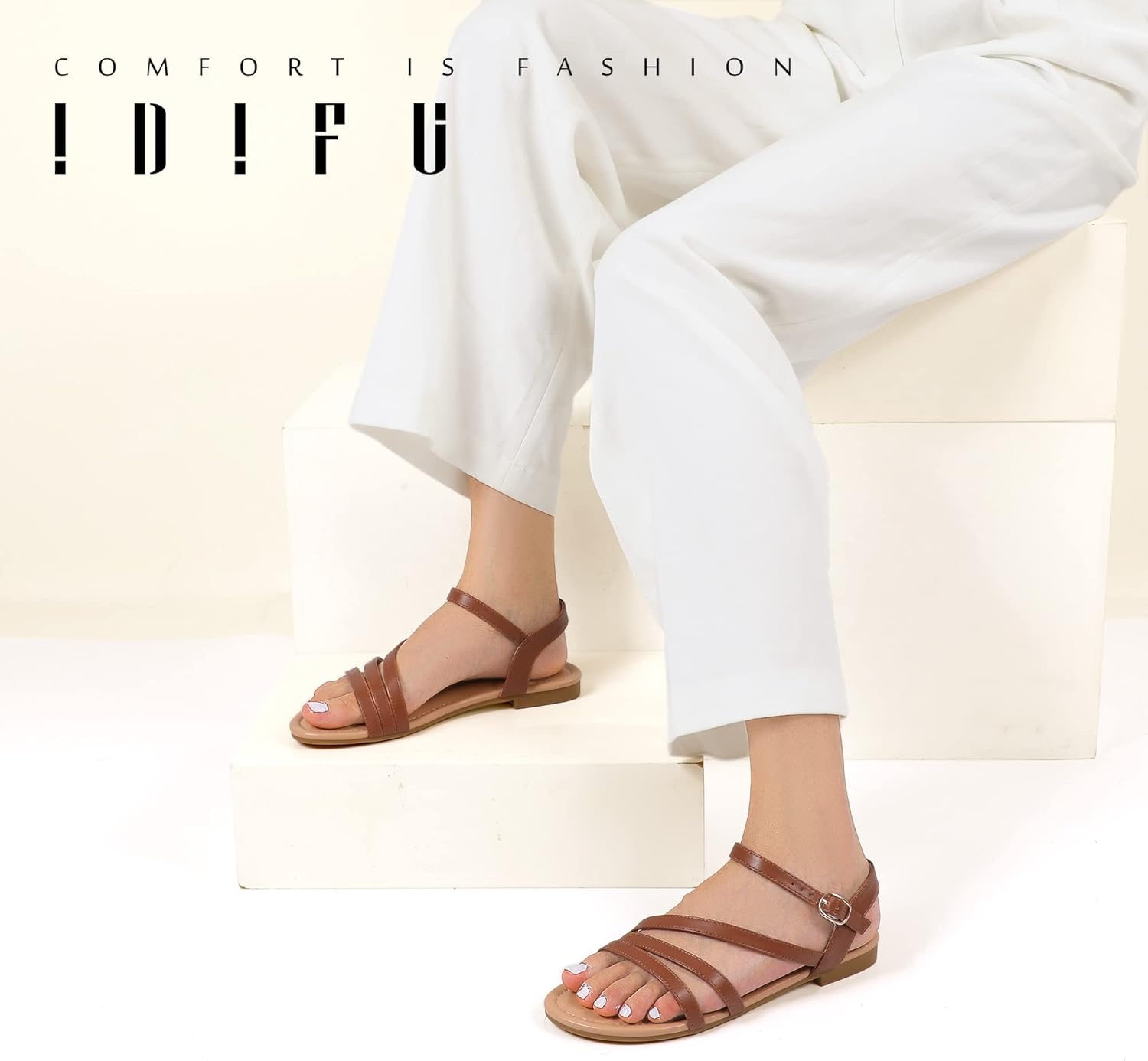 image:imageIDIFU Strappy Sandals for Women Dressy Summer Flat Sandals with Back Strap Open Toe Slingback Ankle Strap Sandals Wedding Bridal Prom Bride Bridesmaid Sandals Comfortable Cute Casual Dress SandalsBrown Pu