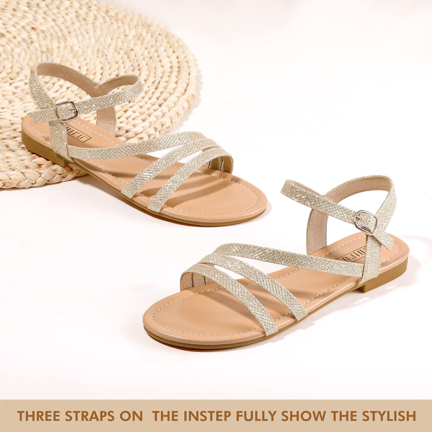image:imageIDIFU Strappy Sandals for Women Dressy Summer Flat Sandals with Back Strap Open Toe Slingback Ankle Strap Sandals Wedding Bridal Prom Bride Bridesmaid Sandals Comfortable Cute Casual Dress SandalsGold Glitter