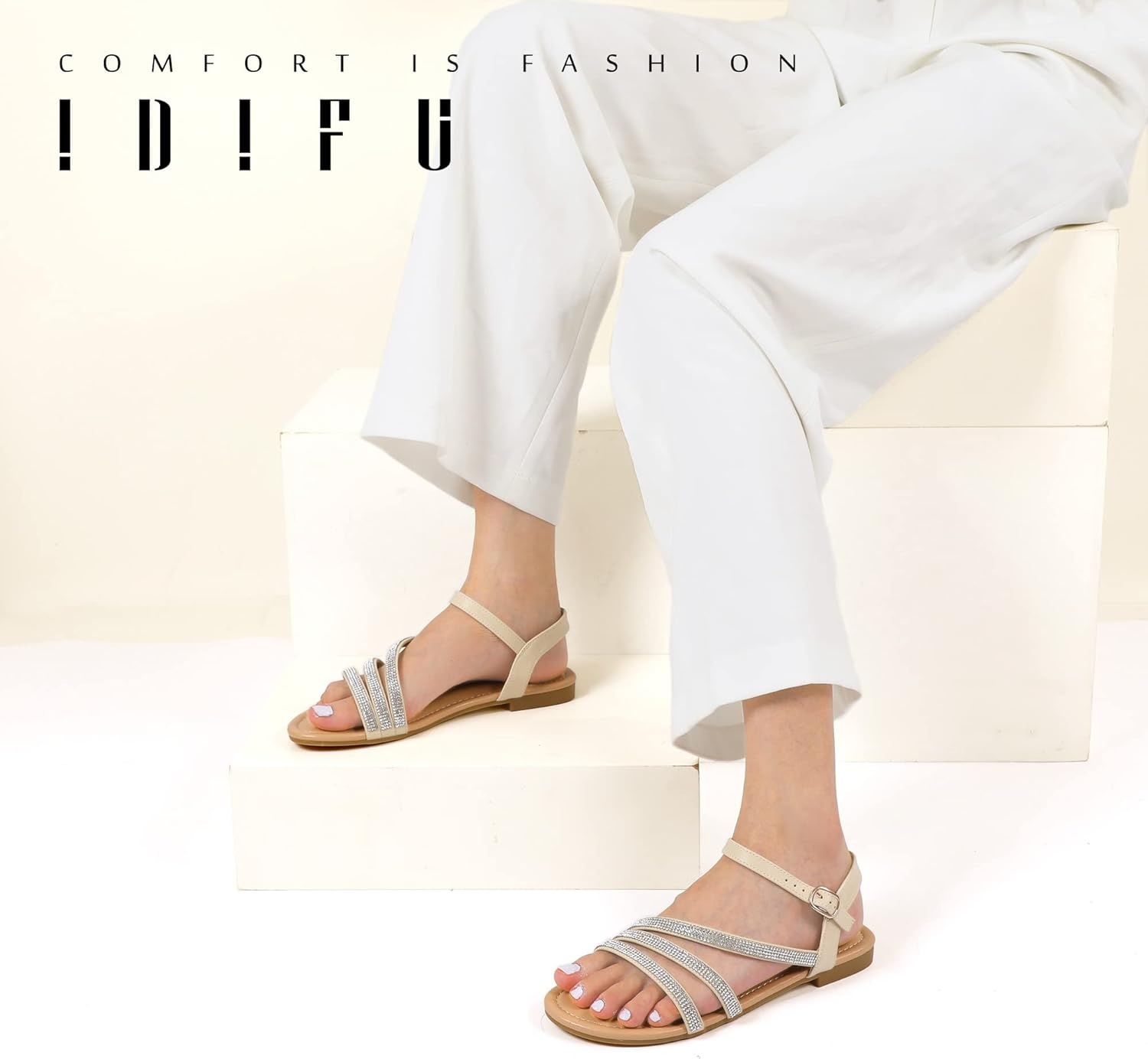 image:imageIDIFU Strappy Sandals for Women Dressy Summer Flat Sandals with Back Strap Open Toe Slingback Ankle Strap Sandals Wedding Bridal Prom Bride Bridesmaid Sandals Comfortable Cute Casual Dress SandalsNude Pu Rhinestone