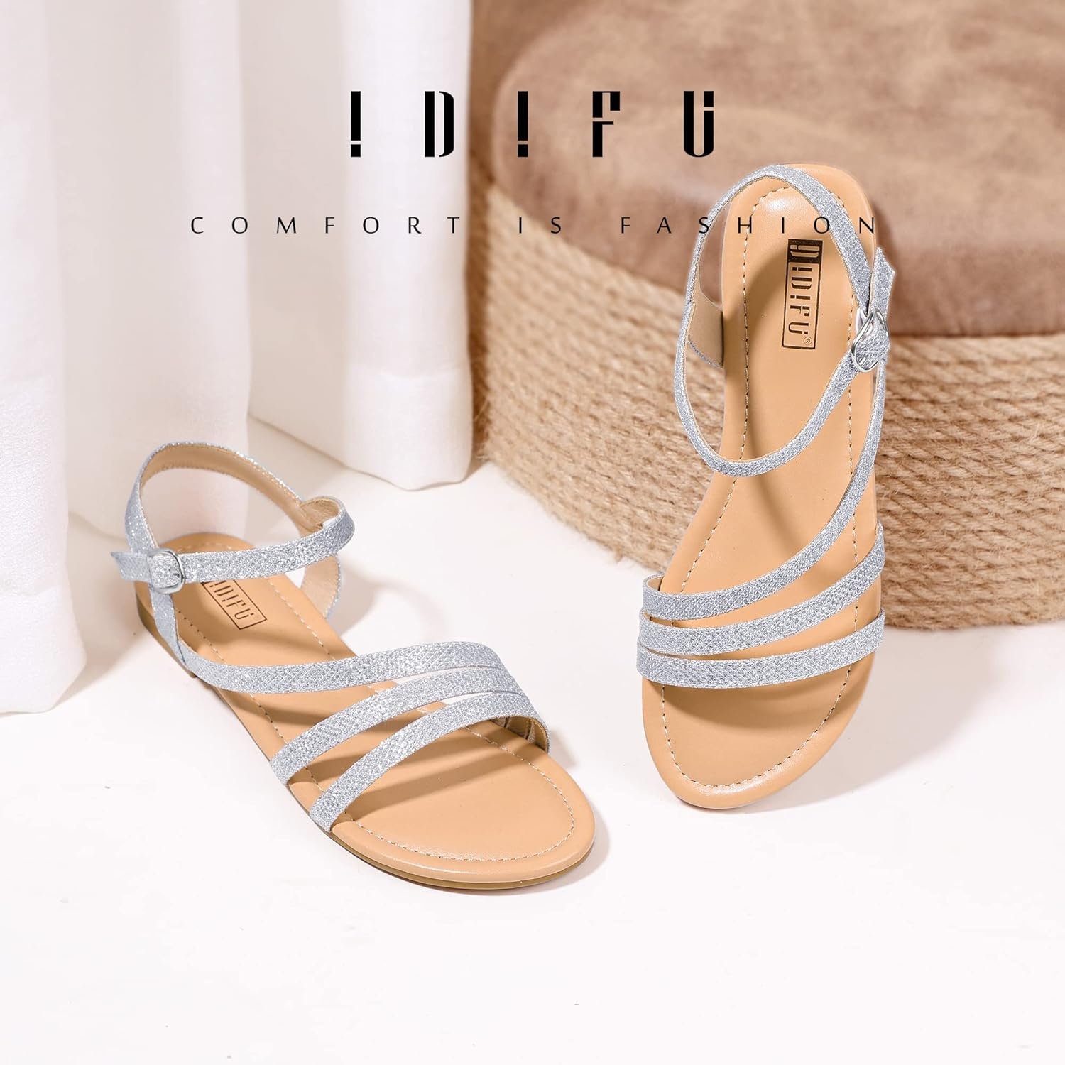 image:imageIDIFU Strappy Sandals for Women Dressy Summer Flat Sandals with Back Strap Open Toe Slingback Ankle Strap Sandals Wedding Bridal Prom Bride Bridesmaid Sandals Comfortable Cute Casual Dress SandalsSilver Glitter