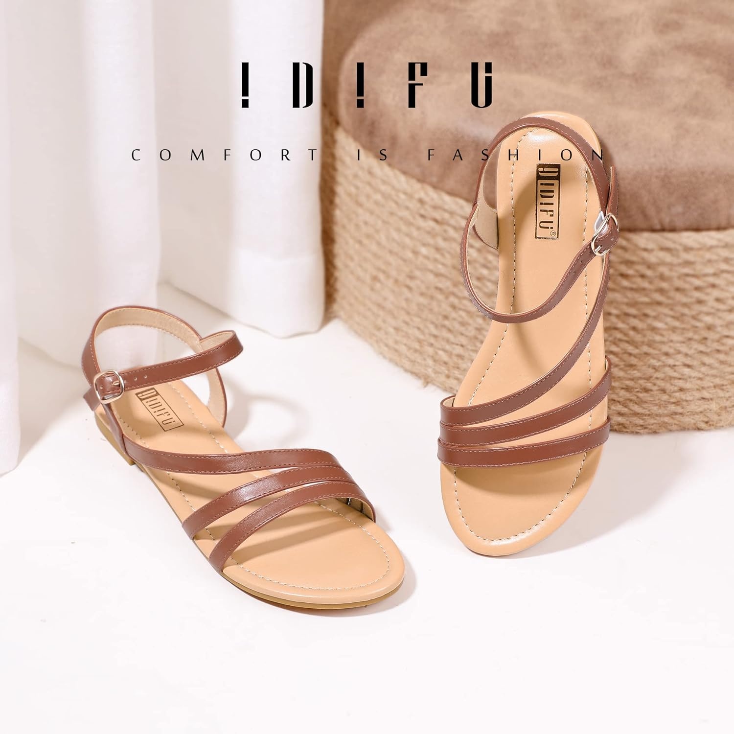 image:imageIDIFU Strappy Sandals for Women Dressy Summer Flat Sandals with Back Strap Open Toe Slingback Ankle Strap Sandals Wedding Bridal Prom Bride Bridesmaid Sandals Comfortable Cute Casual Dress SandalsBrown Pu