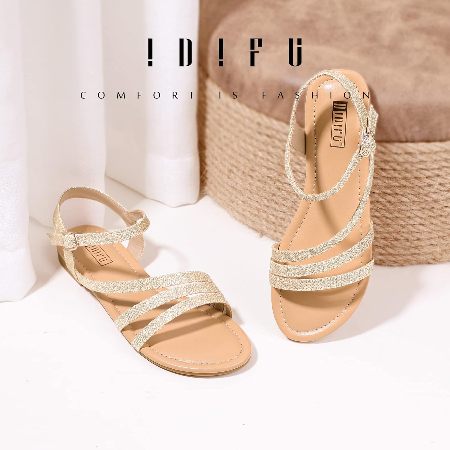 image:imageIDIFU Strappy Sandals for Women Dressy Summer Flat Sandals with Back Strap Open Toe Slingback Ankle Strap Sandals Wedding Bridal Prom Bride Bridesmaid Sandals Comfortable Cute Casual Dress SandalsGold Glitter