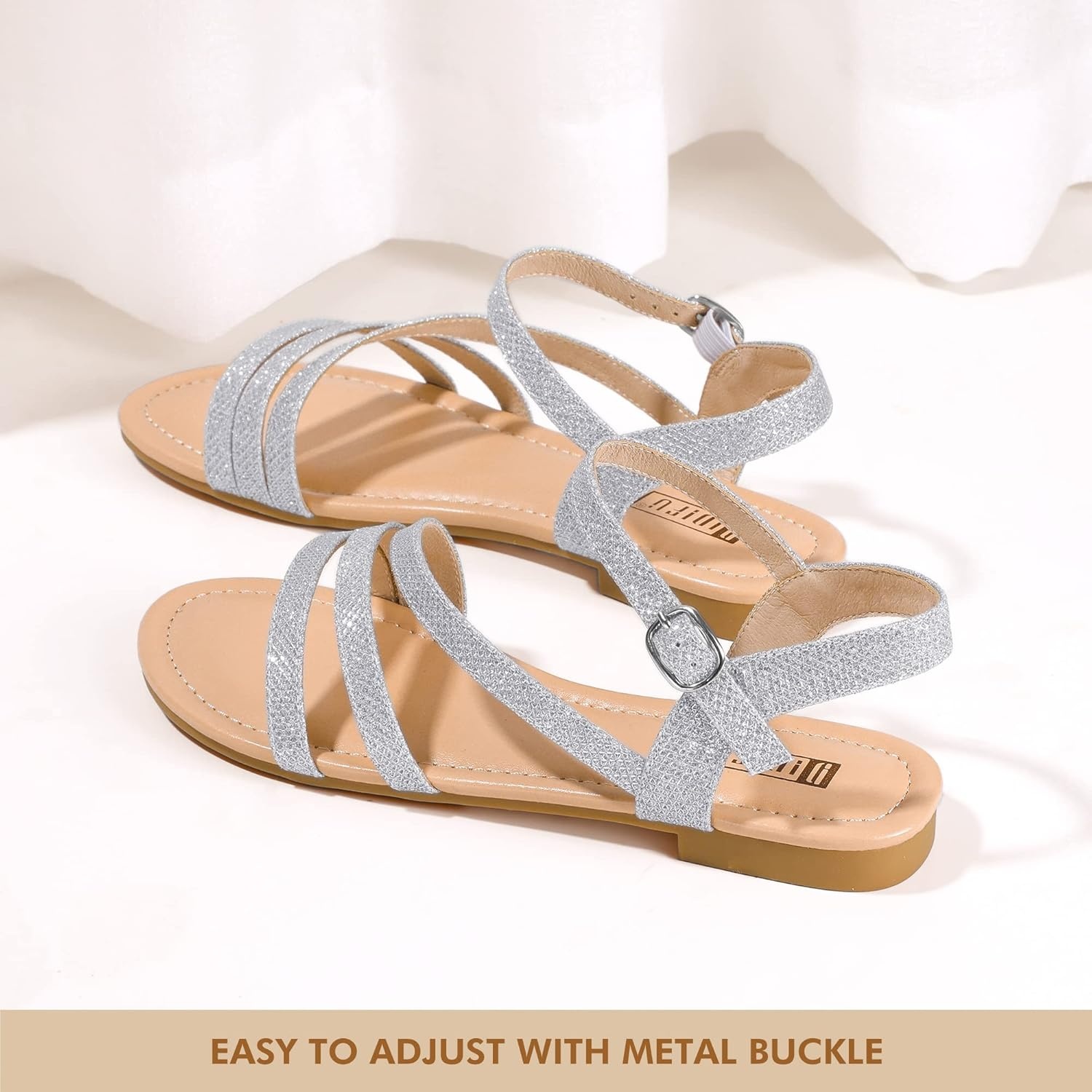 image:imageIDIFU Strappy Sandals for Women Dressy Summer Flat Sandals with Back Strap Open Toe Slingback Ankle Strap Sandals Wedding Bridal Prom Bride Bridesmaid Sandals Comfortable Cute Casual Dress SandalsSilver Glitter