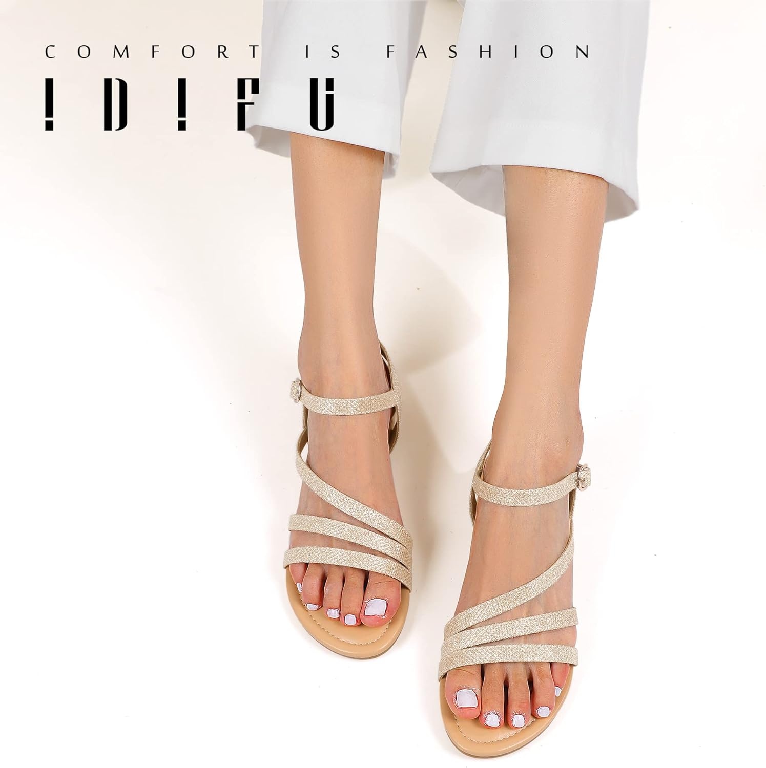 image:imageIDIFU Strappy Sandals for Women Dressy Summer Flat Sandals with Back Strap Open Toe Slingback Ankle Strap Sandals Wedding Bridal Prom Bride Bridesmaid Sandals Comfortable Cute Casual Dress SandalsGold Glitter