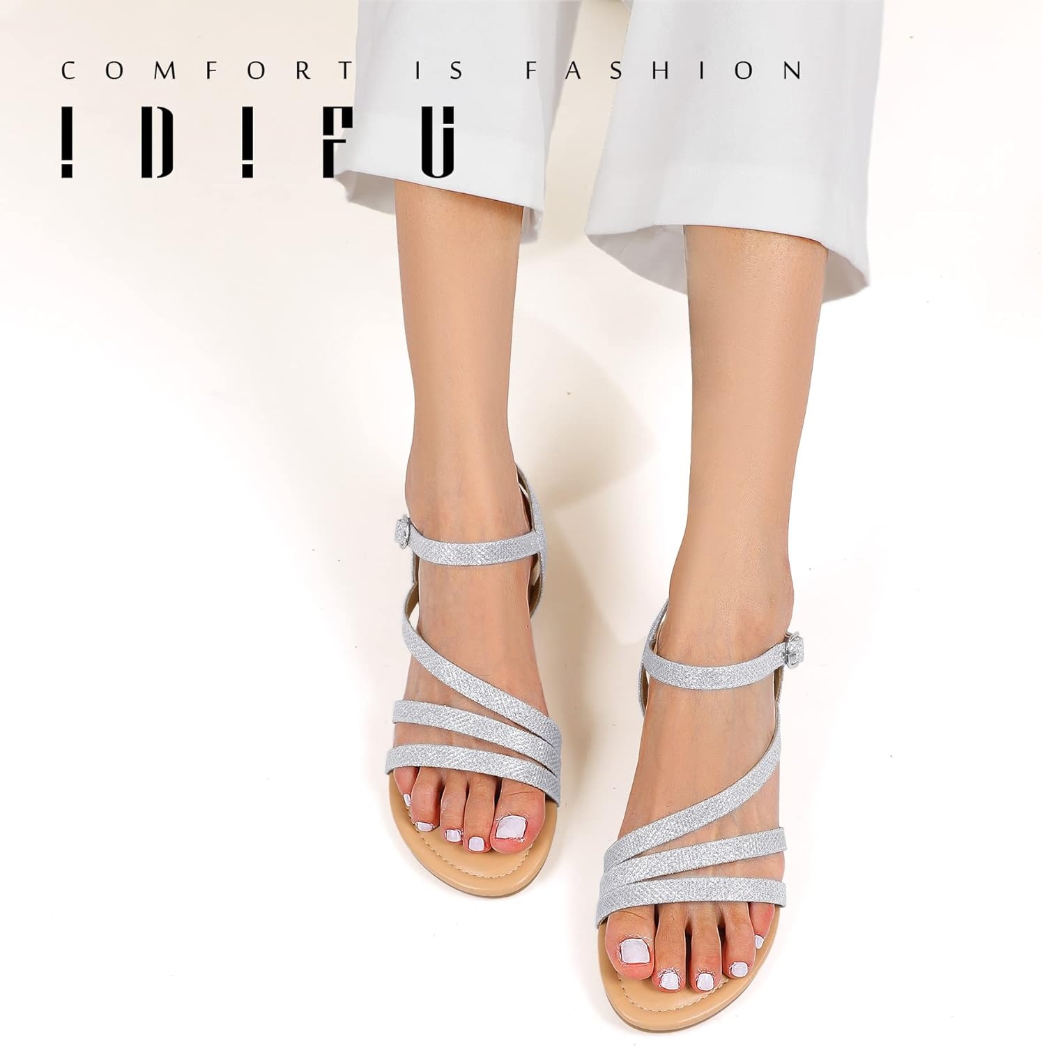 image:imageIDIFU Strappy Sandals for Women Dressy Summer Flat Sandals with Back Strap Open Toe Slingback Ankle Strap Sandals Wedding Bridal Prom Bride Bridesmaid Sandals Comfortable Cute Casual Dress SandalsSilver Glitter