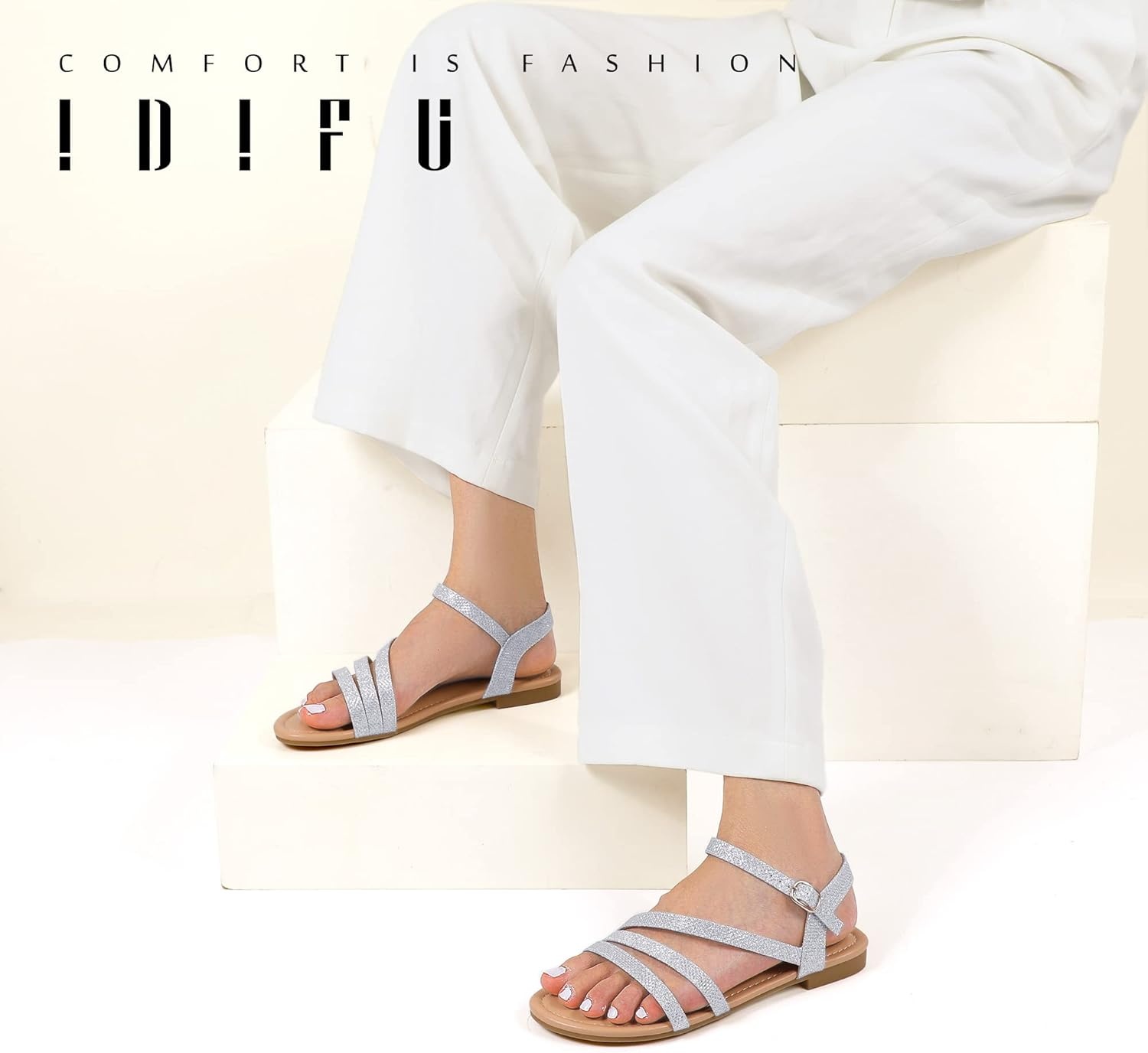 image:imageIDIFU Strappy Sandals for Women Dressy Summer Flat Sandals with Back Strap Open Toe Slingback Ankle Strap Sandals Wedding Bridal Prom Bride Bridesmaid Sandals Comfortable Cute Casual Dress SandalsSilver Glitter